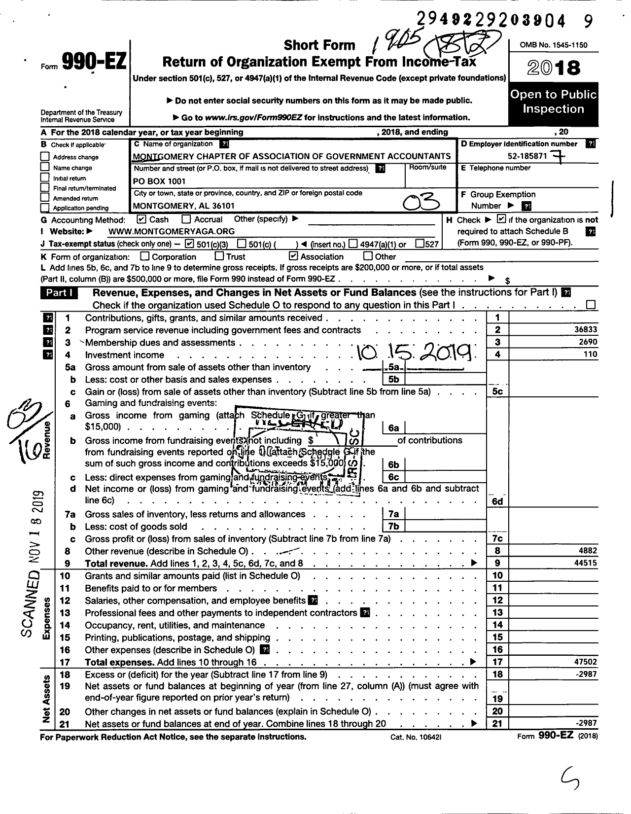 Image of first page of 2018 Form 990EZ for Montgomery Chapter of Association of Government Accountants