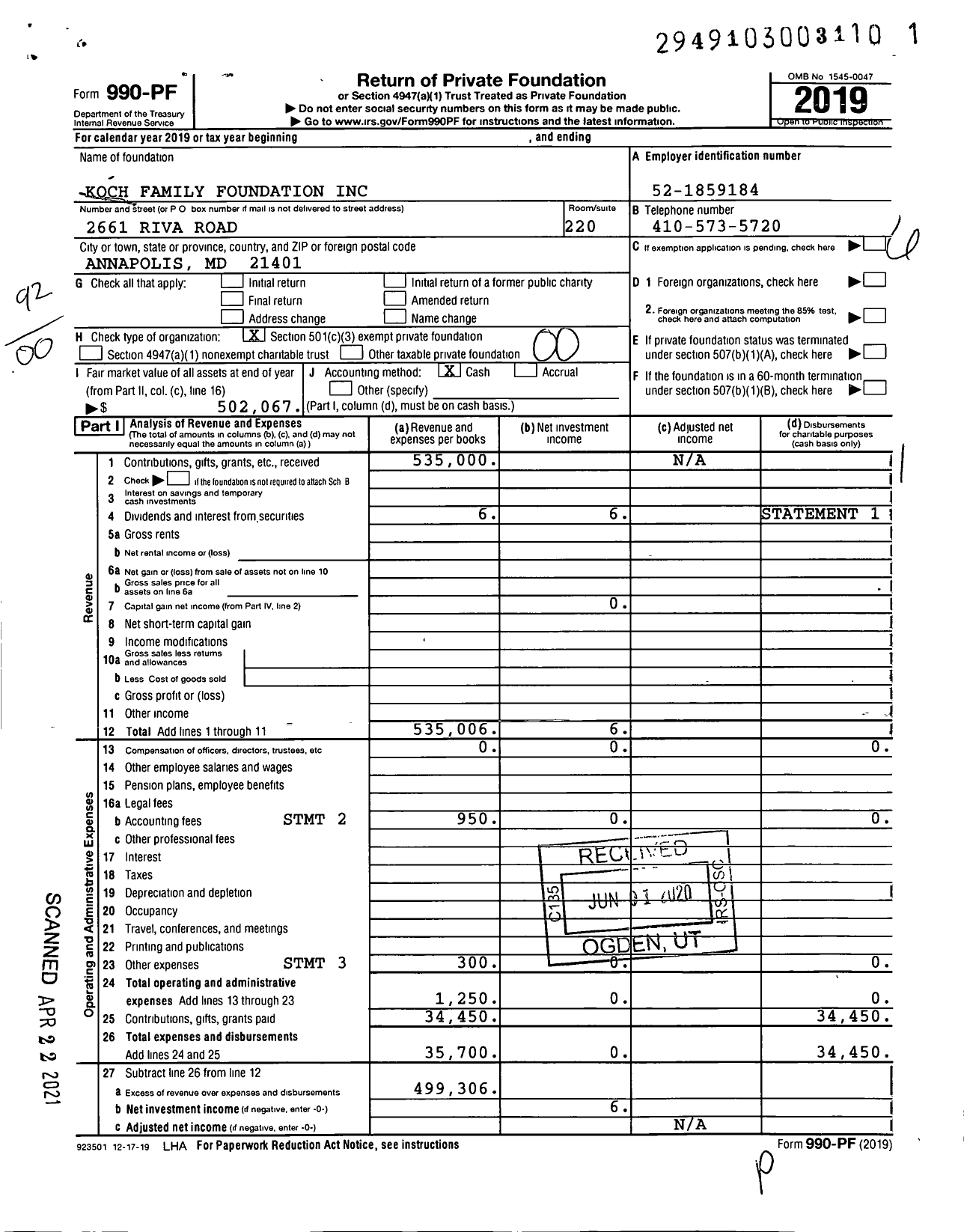 Image of first page of 2019 Form 990PF for Koch Family Foundation