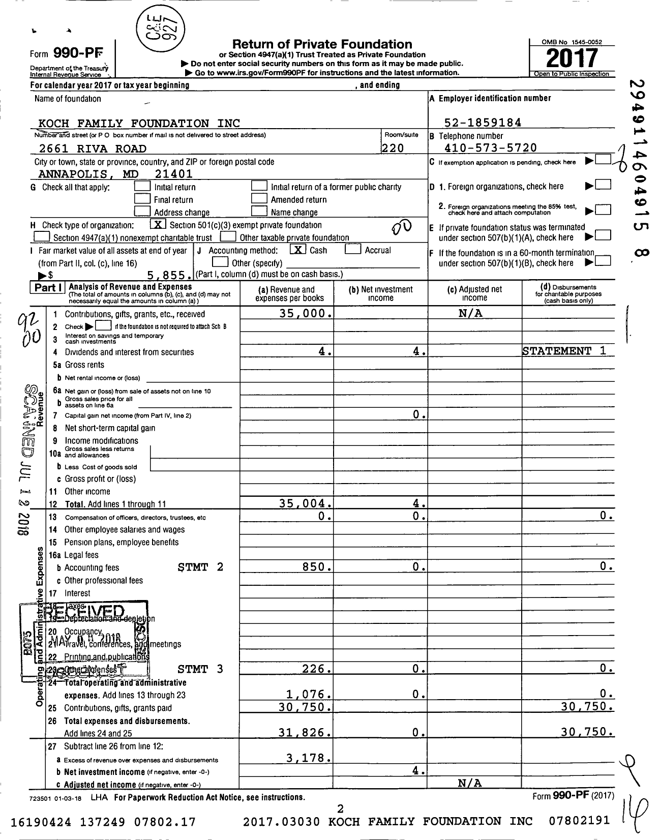 Image of first page of 2017 Form 990PF for Koch Family Foundation