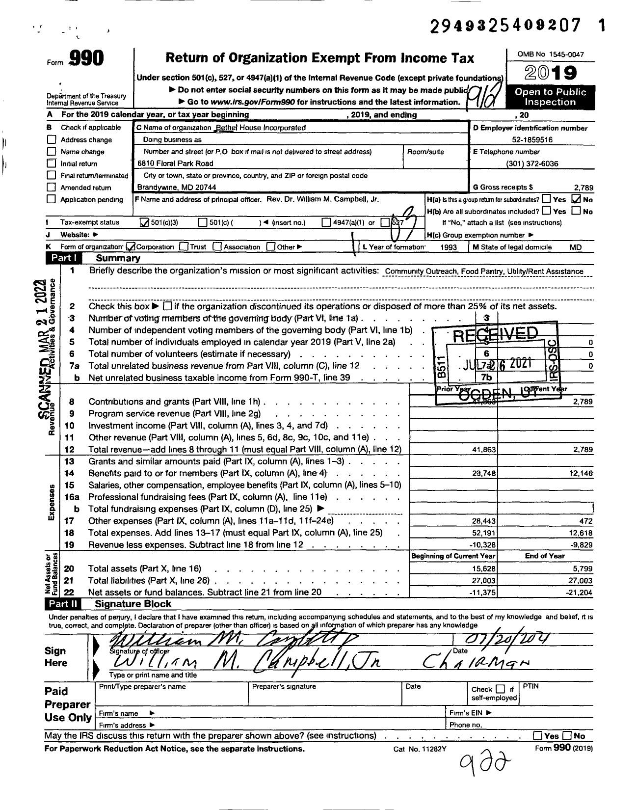 Image of first page of 2019 Form 990 for Bethel House Incorporated