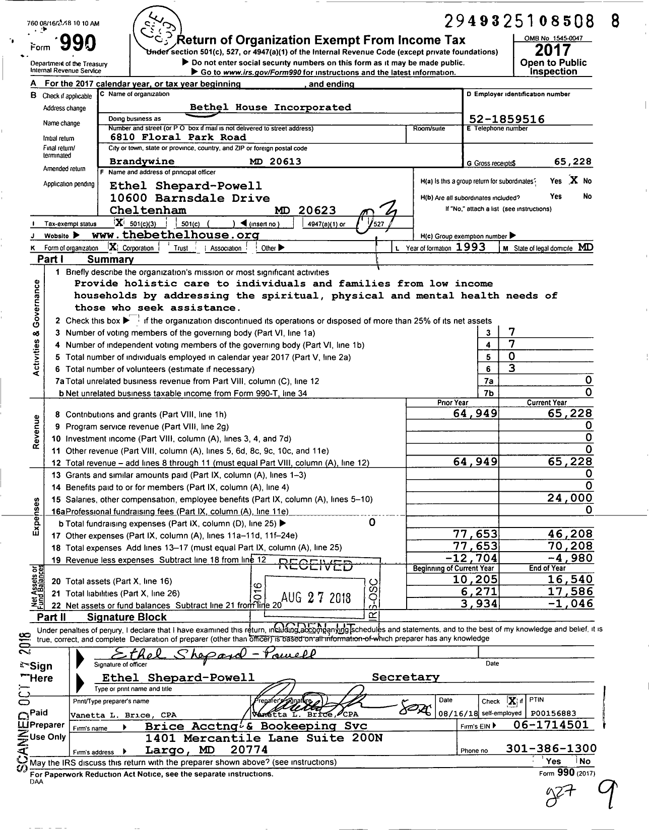 Image of first page of 2017 Form 990 for Bethel House Incorporated