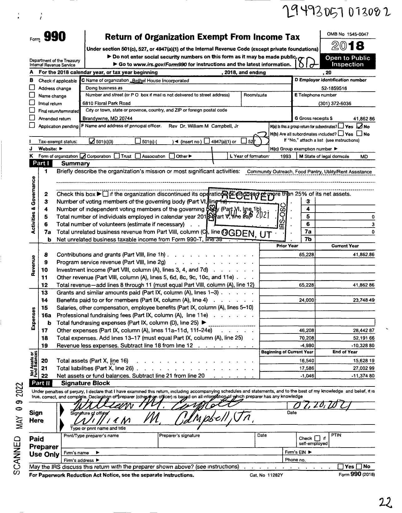 Image of first page of 2018 Form 990 for Bethel House Incorporated