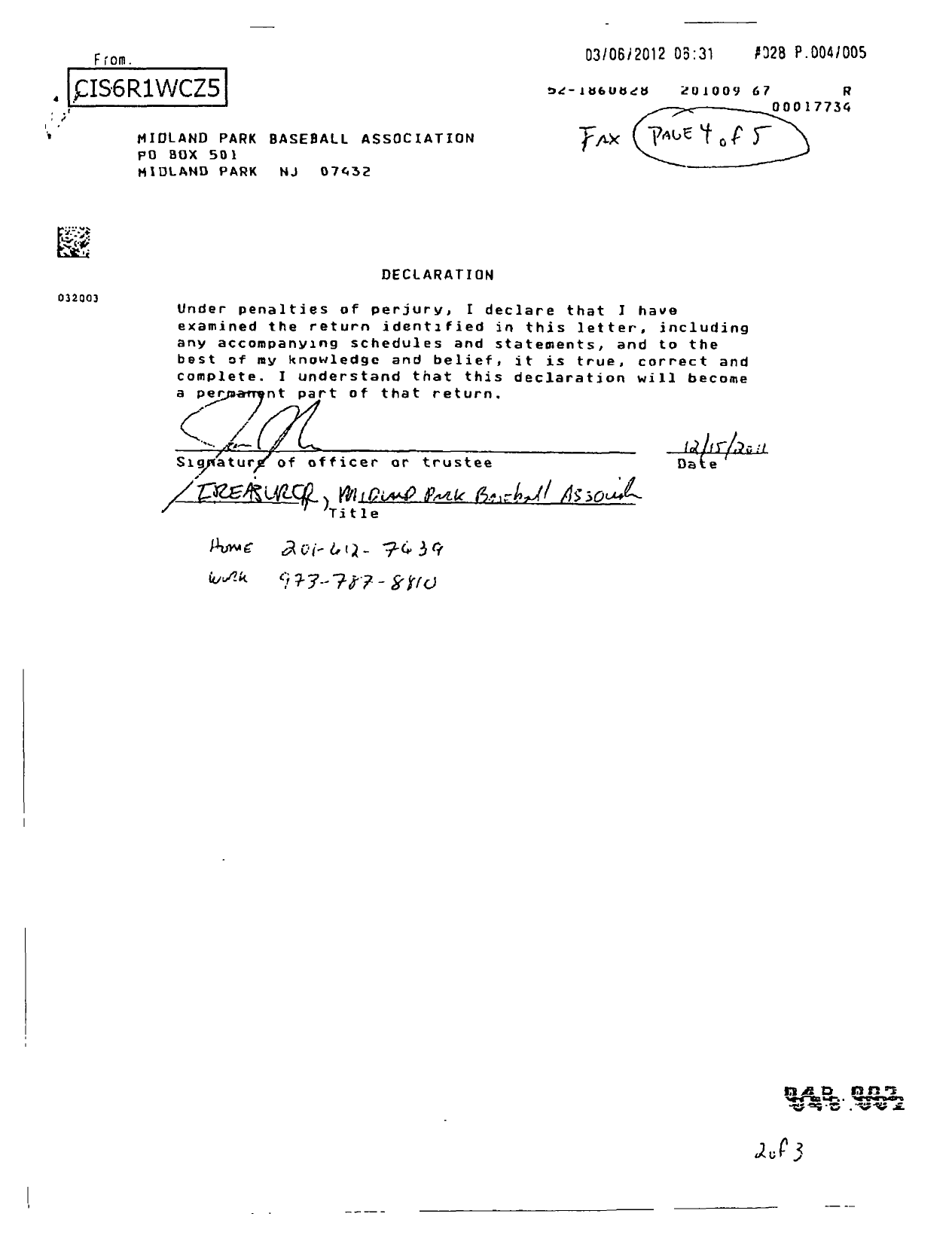 Image of first page of 2009 Form 990ER for Midland Park Baseball Association