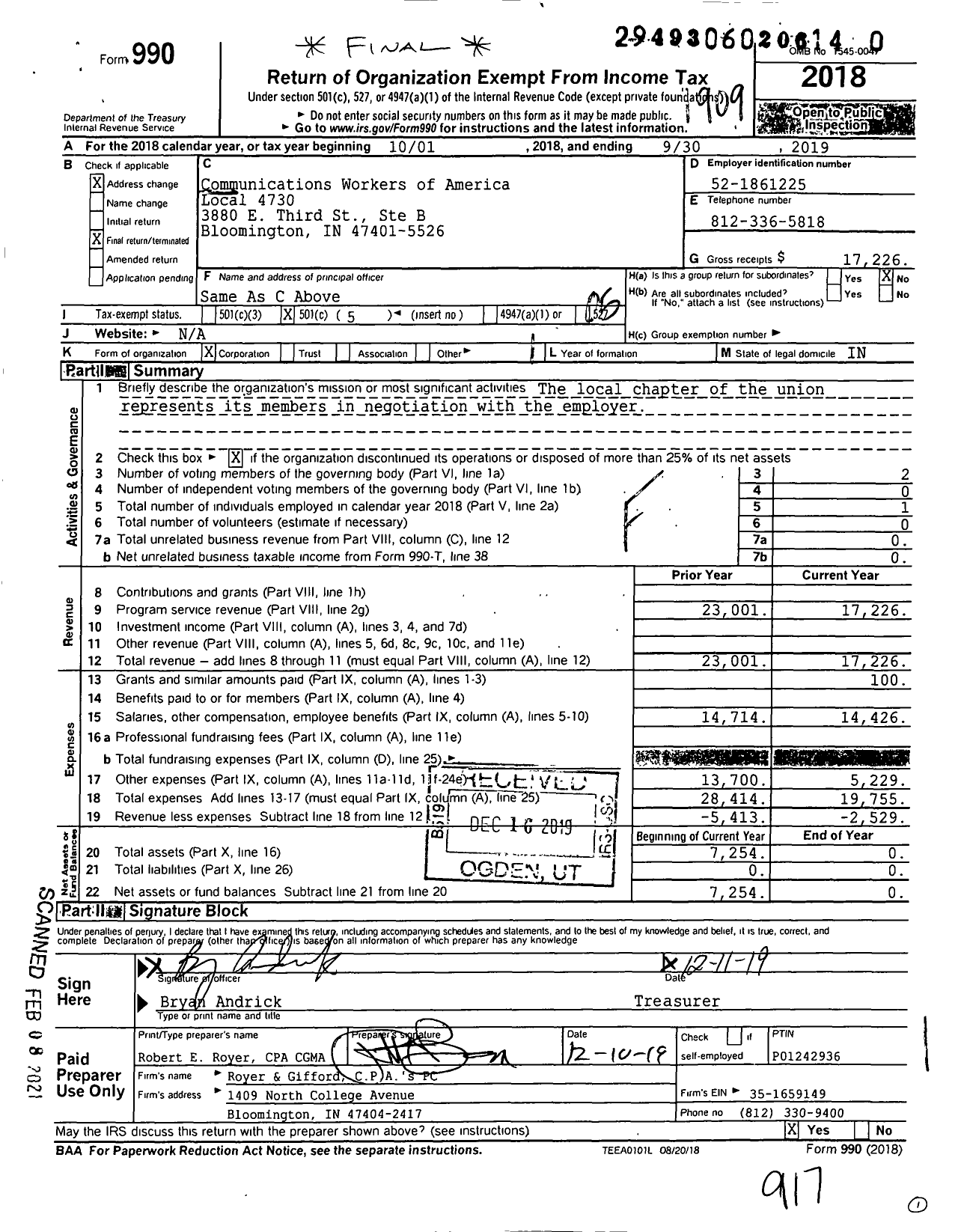 Image of first page of 2018 Form 990O for Communications Workers of America - 4730 Local