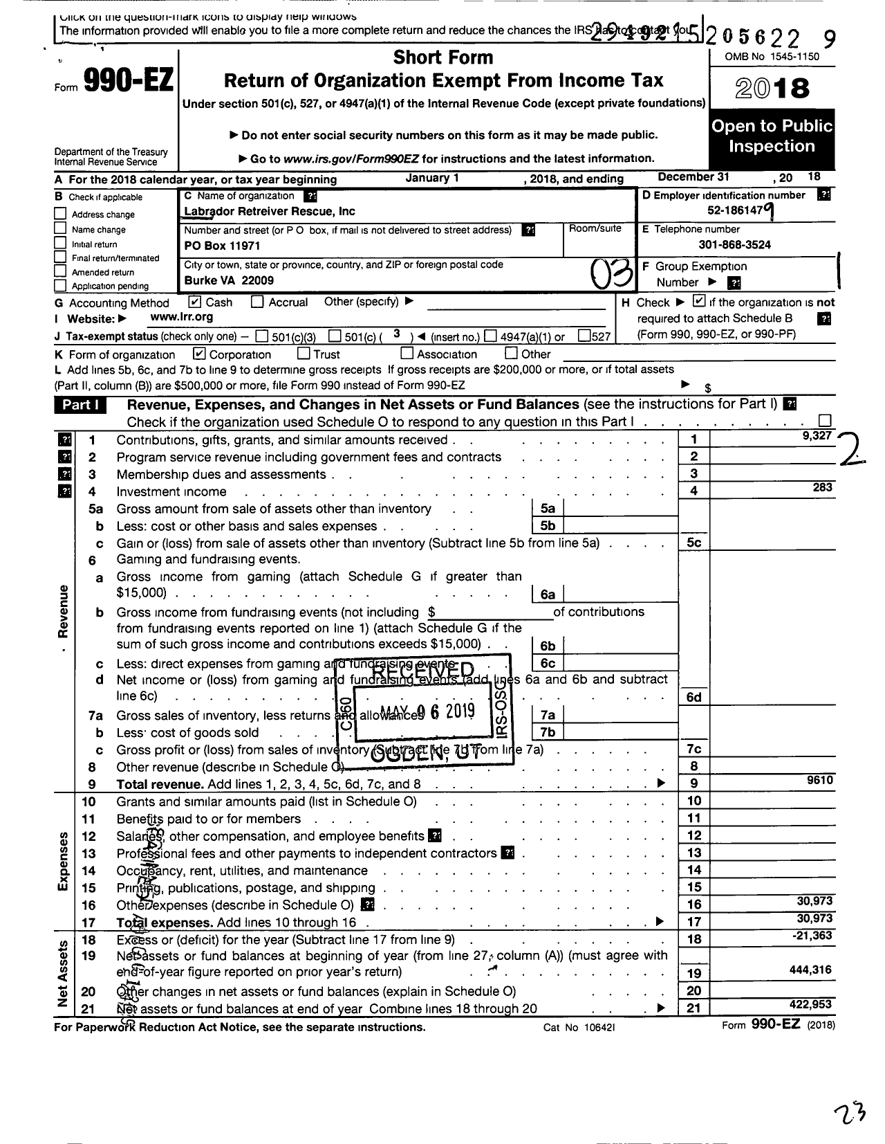 Image of first page of 2018 Form 990EZ for Labrador Retriever Rescue