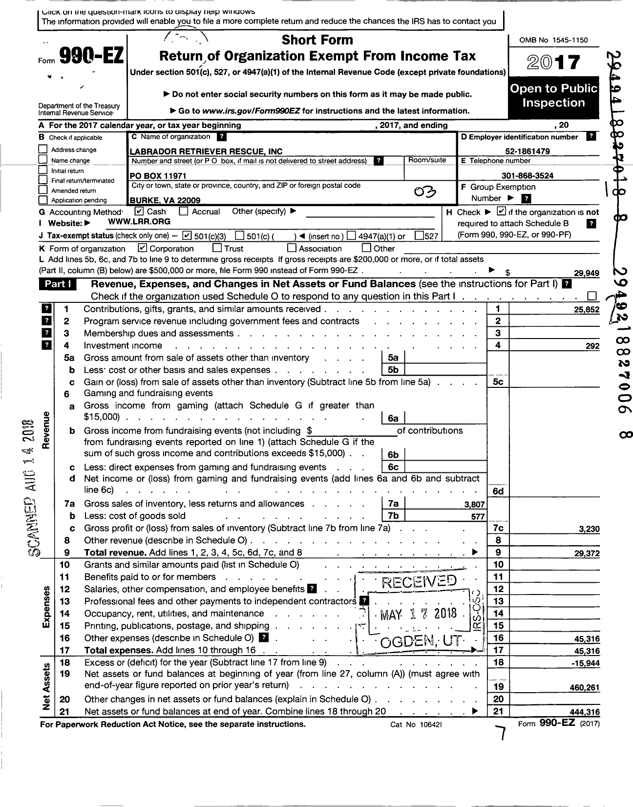 Image of first page of 2017 Form 990EZ for Labrador Retriever Rescue