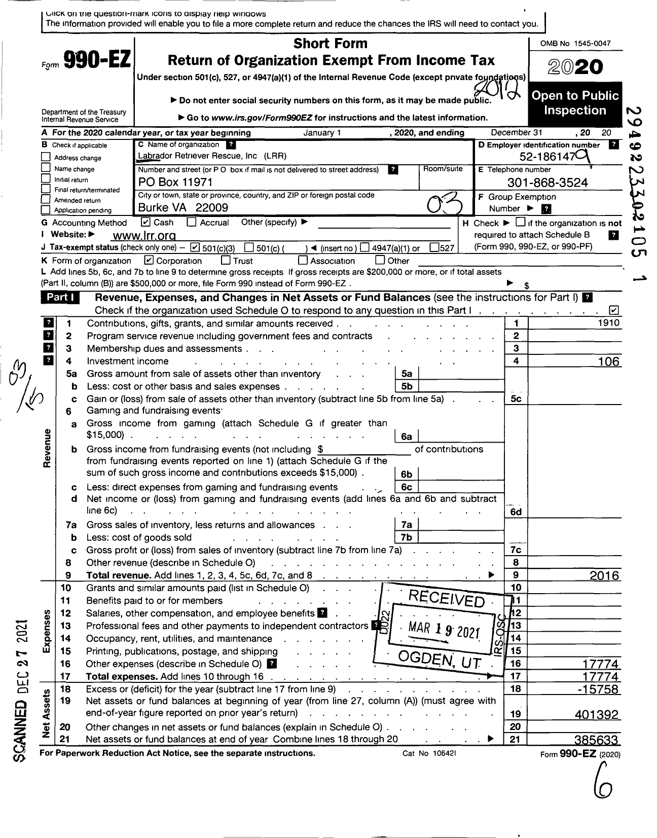 Image of first page of 2020 Form 990EZ for Labrador Retriever Rescue