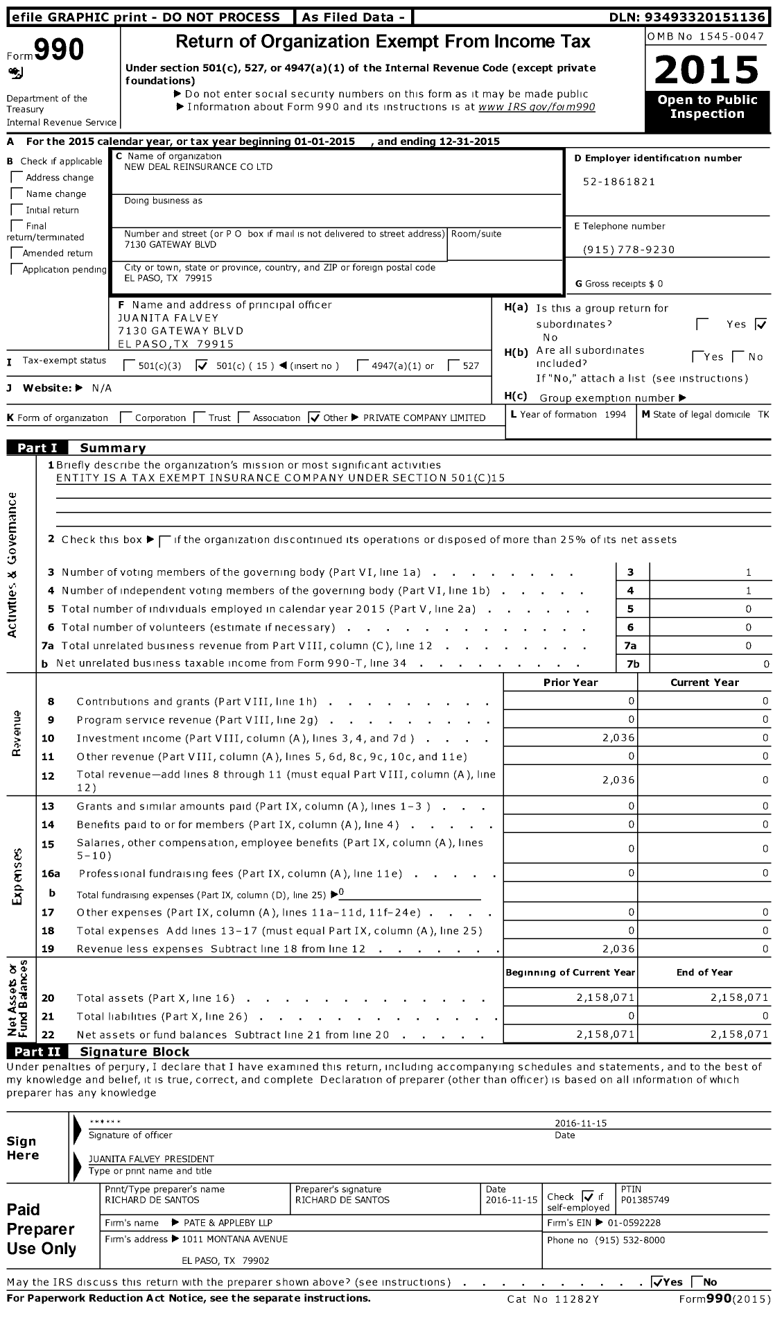 Image of first page of 2015 Form 990O for New Deal Reinsurance