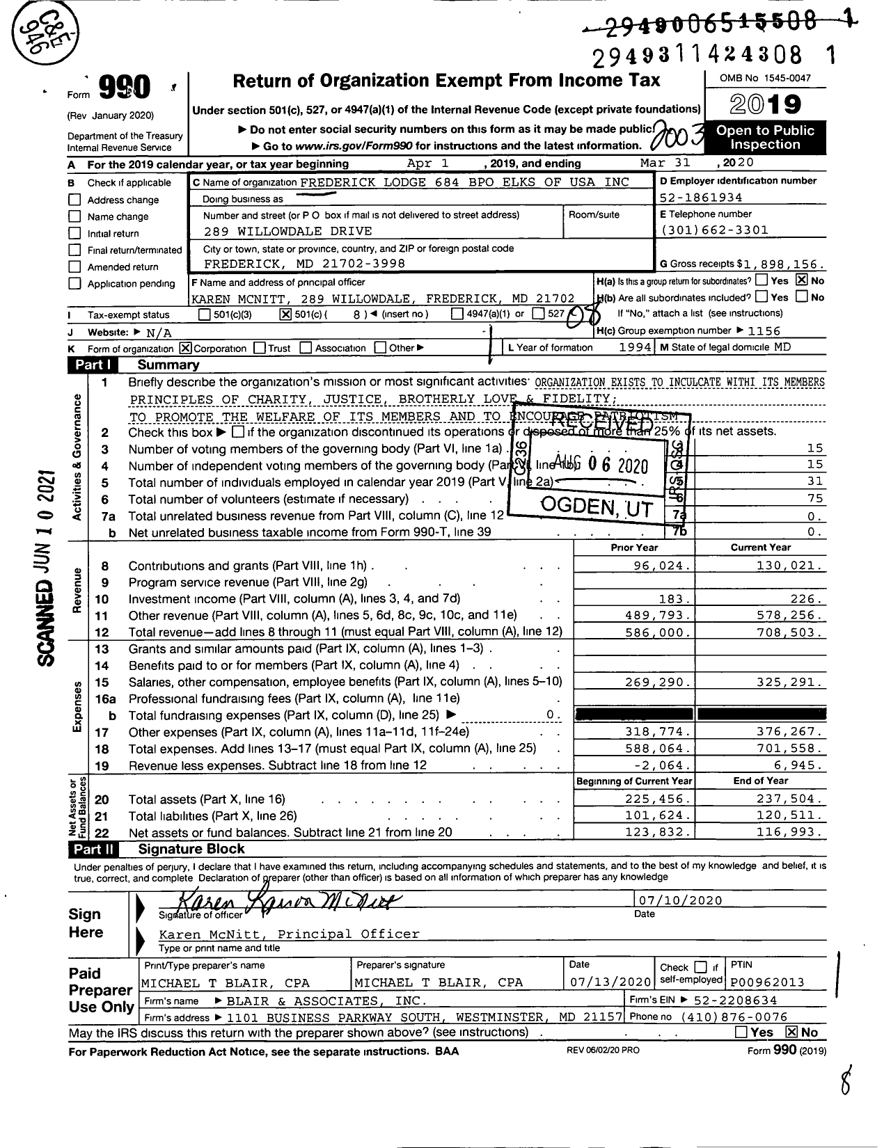 Image of first page of 2019 Form 990O for Benevolent and Protective Order of Elks - 684 Frederick