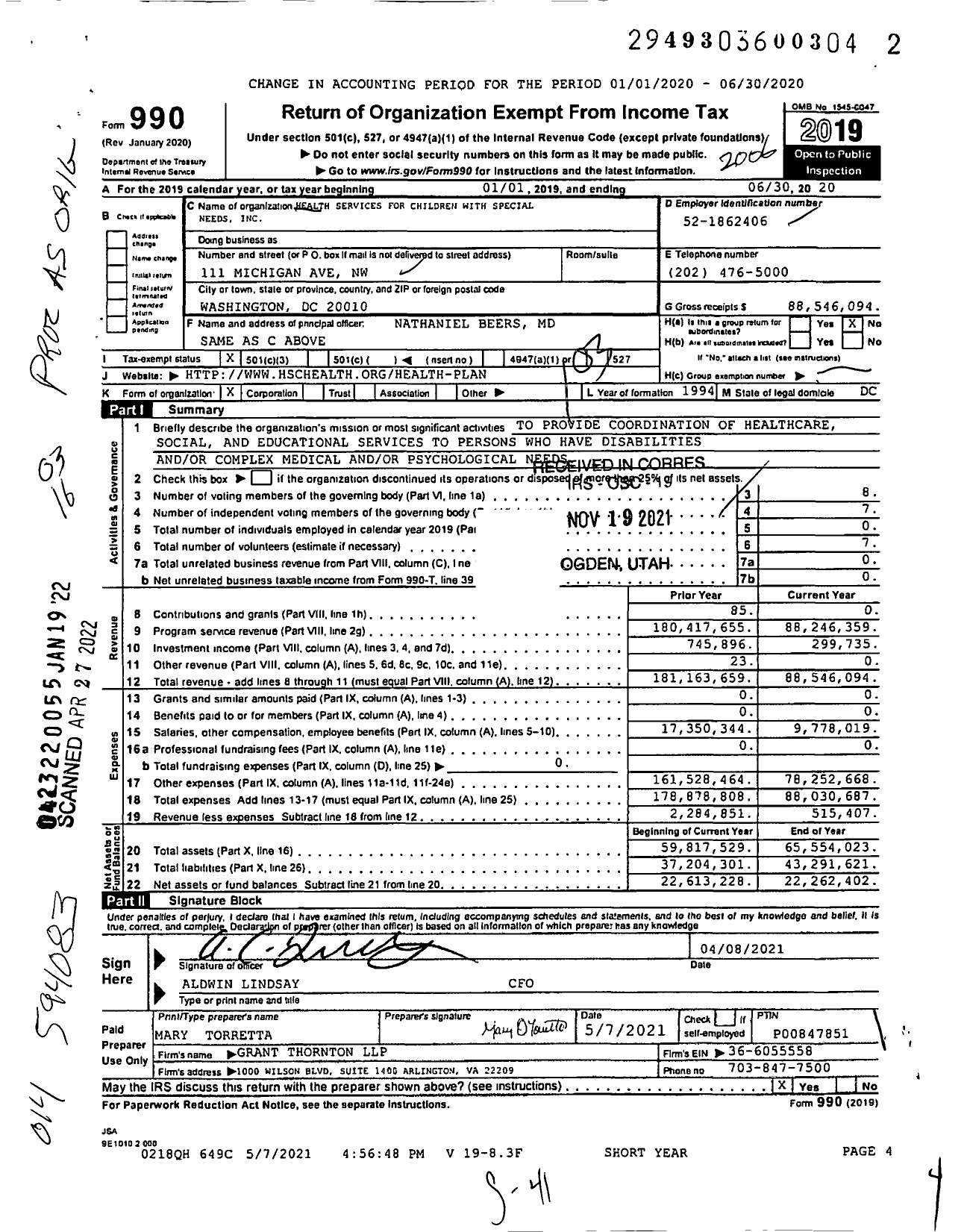 Image of first page of 2019 Form 990 for Health Services for Children With Special Needs
