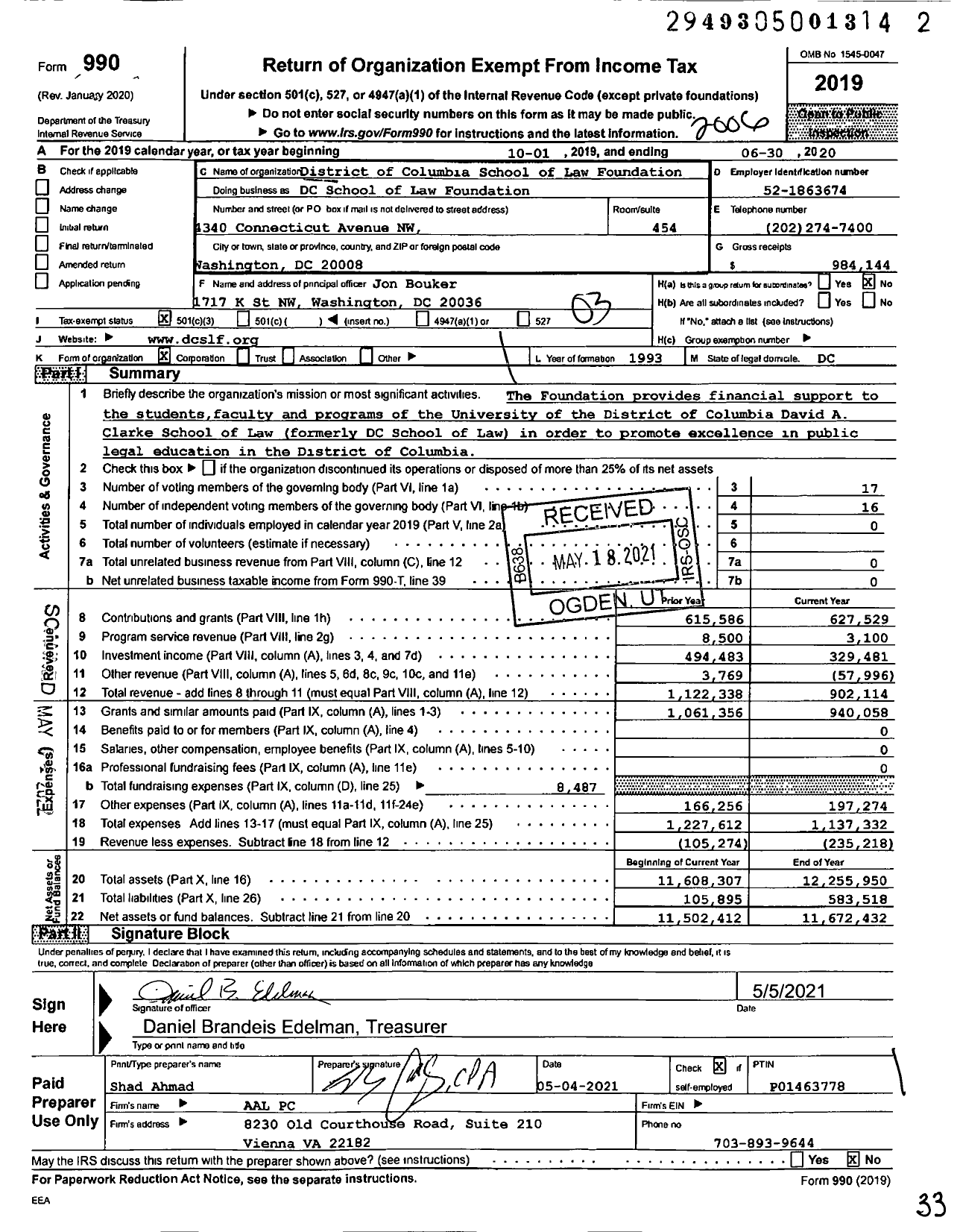 Image of first page of 2019 Form 990 for DC School of Law Foundation