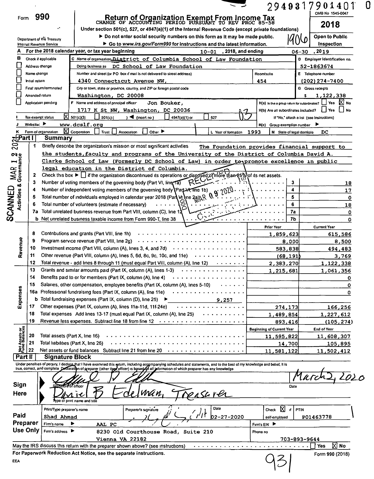 Image of first page of 2018 Form 990 for DC School of Law Foundation