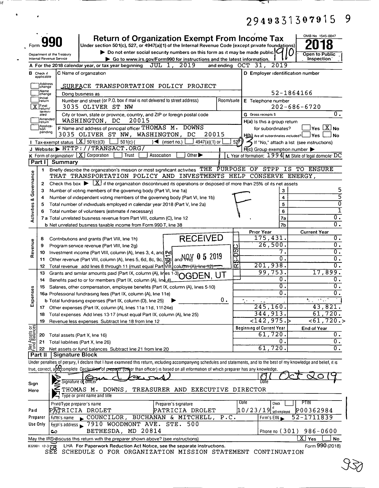 Image of first page of 2018 Form 990 for Surface Transportation Policy Project