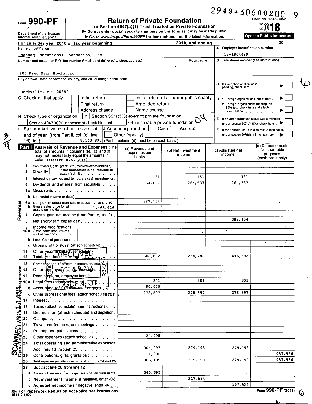 Image of first page of 2018 Form 990PF for Nasdaq Educational Foundation