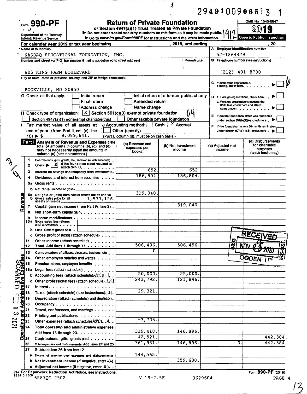 Image of first page of 2019 Form 990PF for Nasdaq Educational Foundation