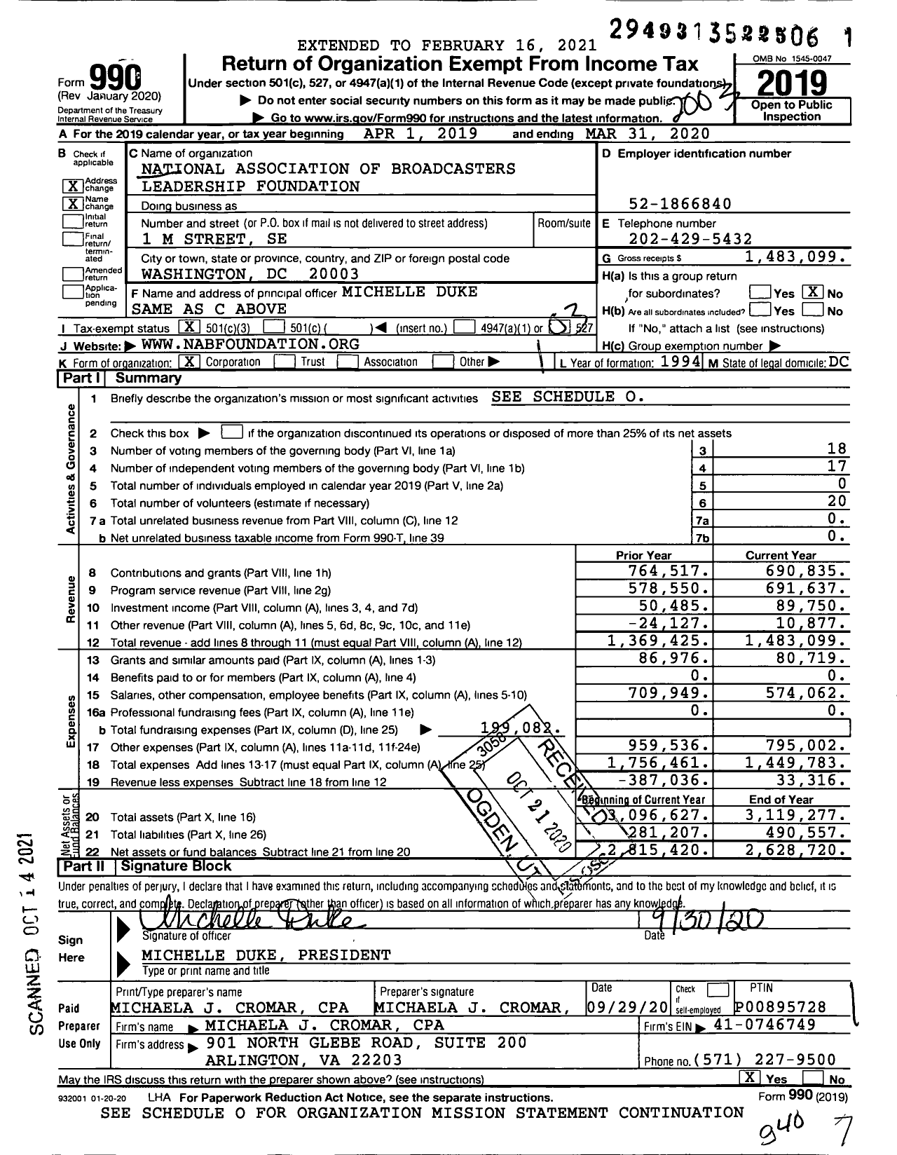 Image of first page of 2019 Form 990 for National Association of Broadcasters Leadership Foundation