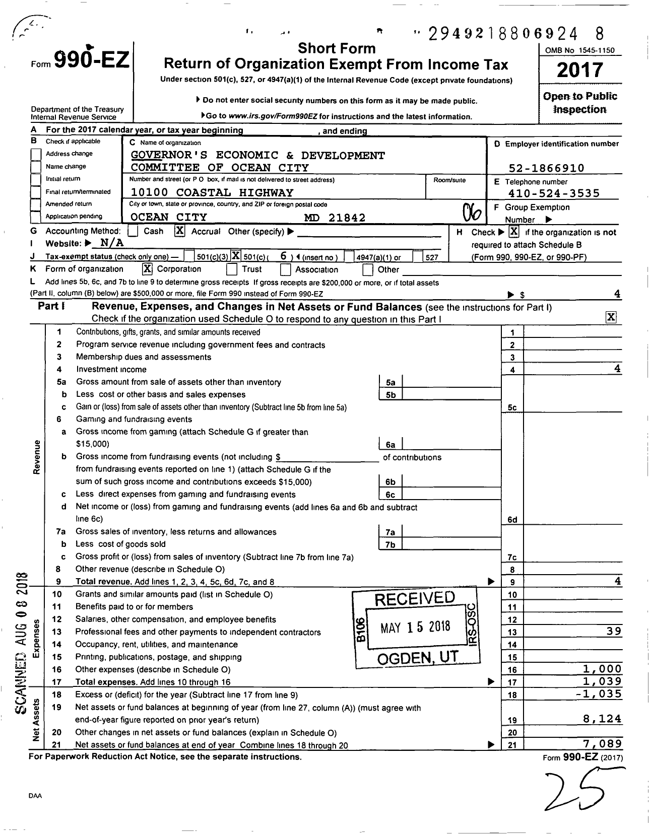 Image of first page of 2017 Form 990EO for Governors Economic Development Commission
