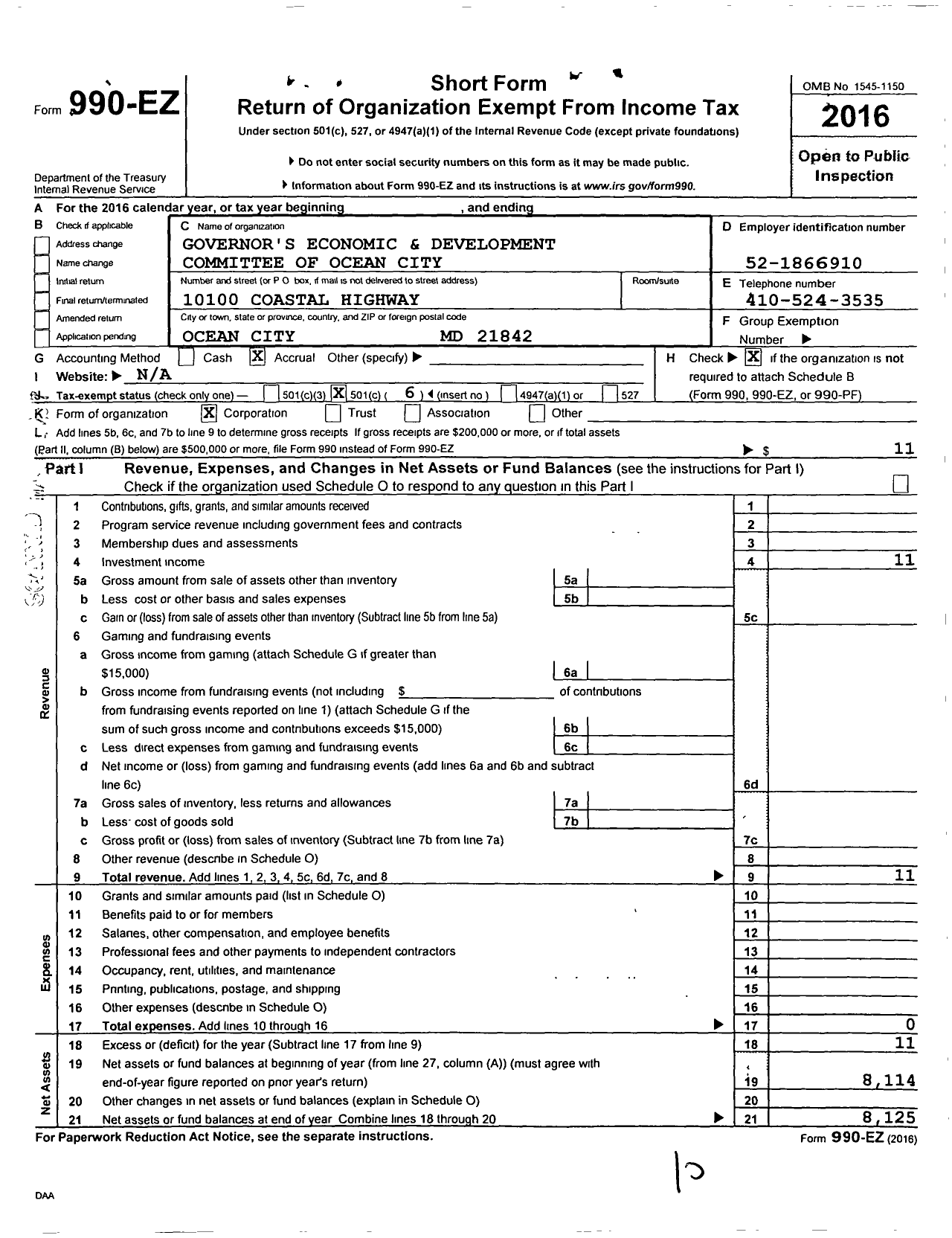 Image of first page of 2016 Form 990EO for Governors Economic Development Commission