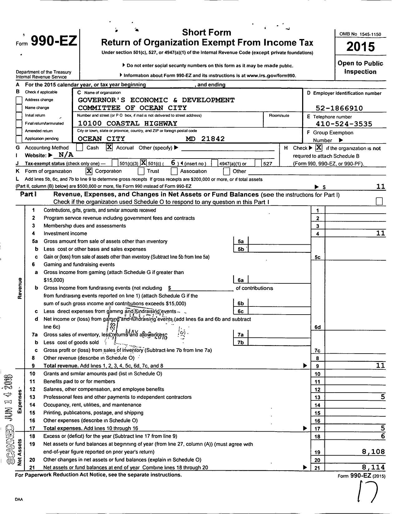 Image of first page of 2015 Form 990EO for Governors Economic Development Commission