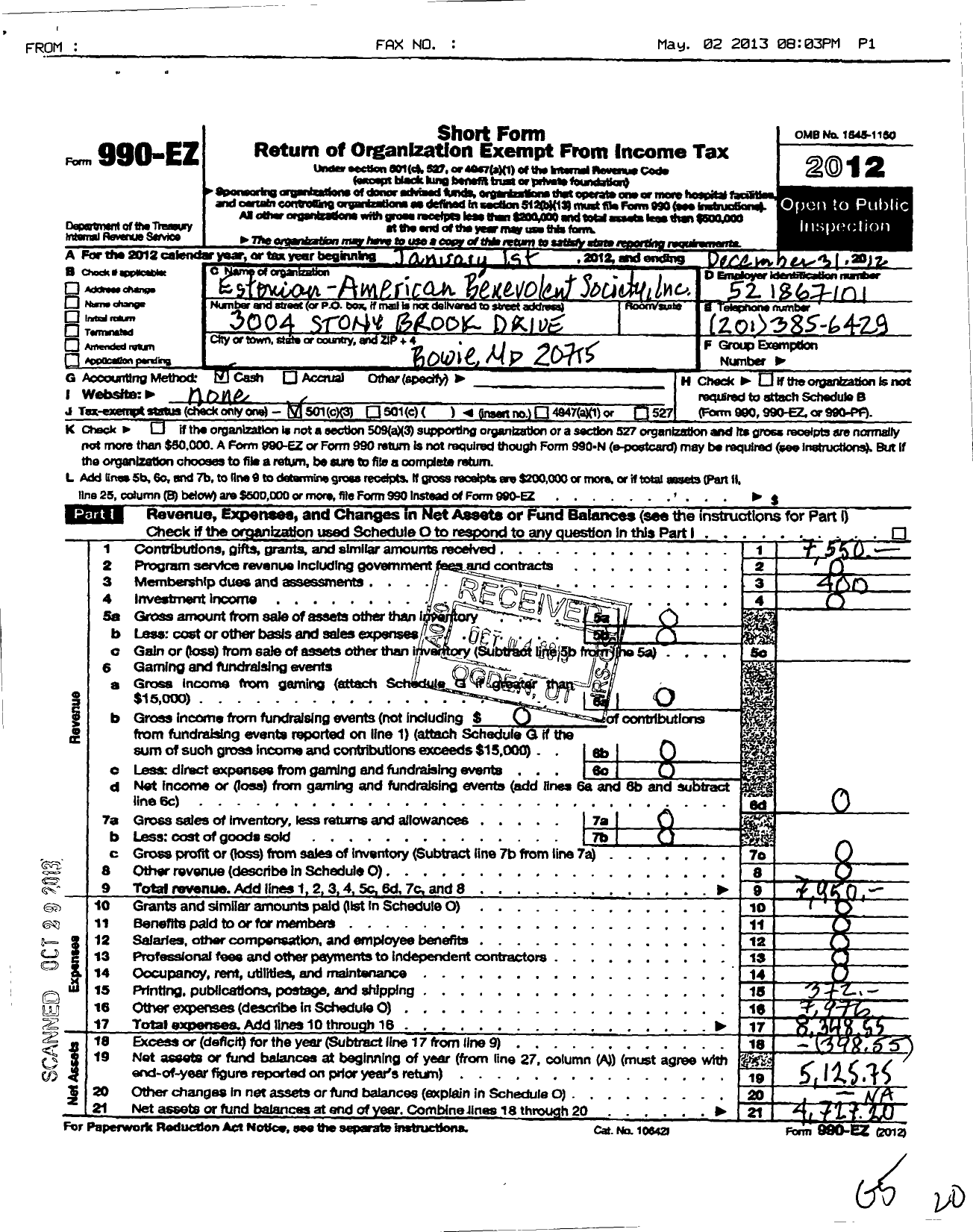 Image of first page of 2012 Form 990EZ for Estonian American Benevolent Society