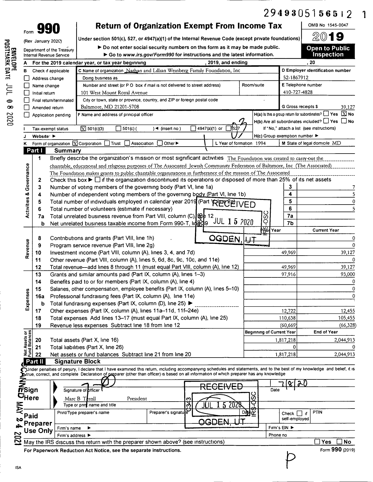 Image of first page of 2019 Form 990 for Nathan and Lillian Weinberg Family Foundation