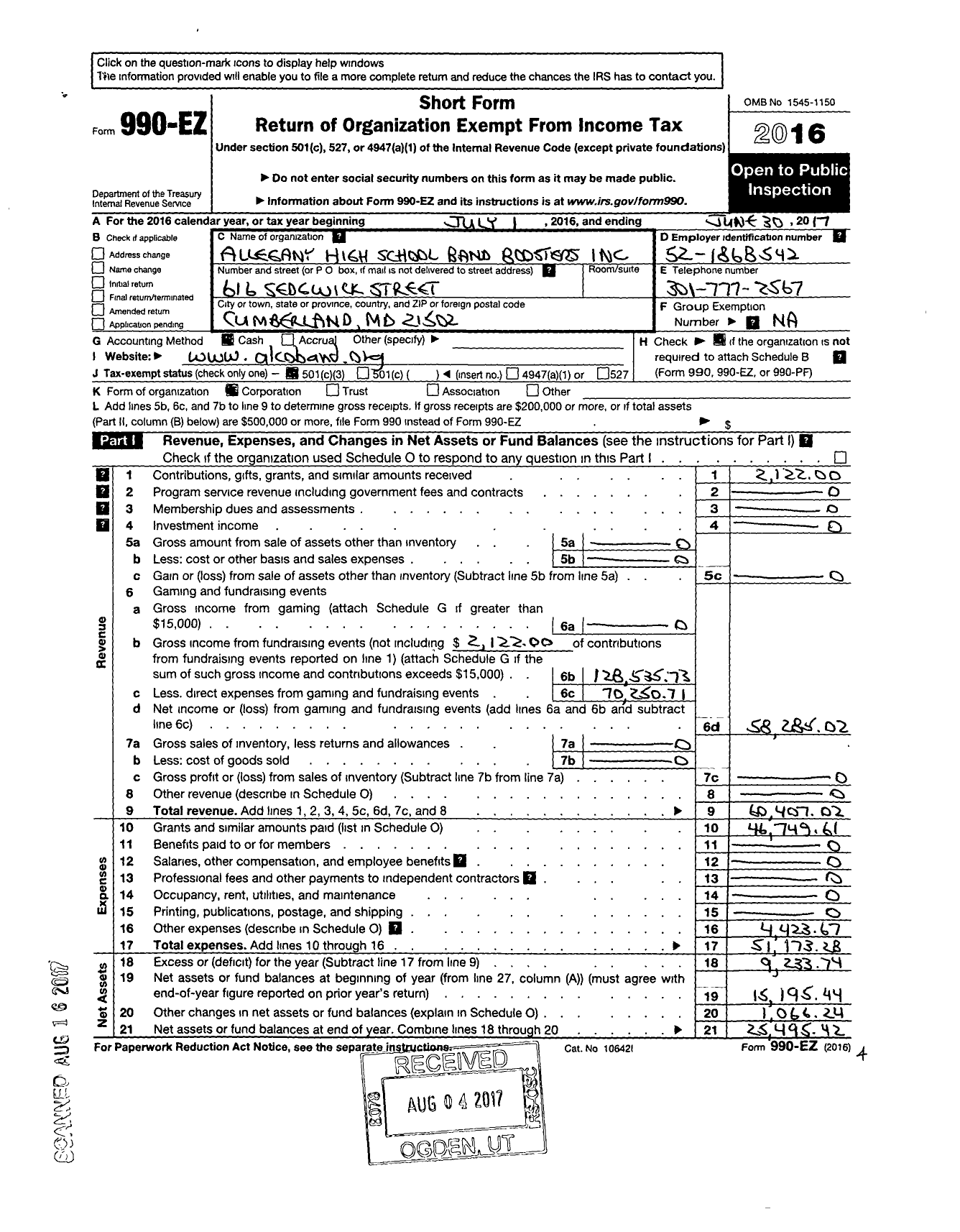 Image of first page of 2016 Form 990EZ for Allegany High School Band Boosters