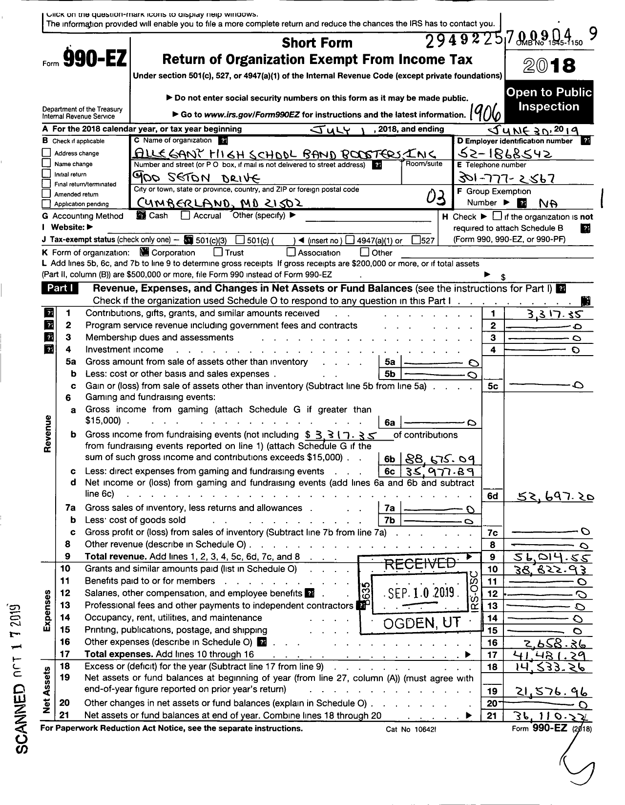 Image of first page of 2018 Form 990EZ for Allegany High School Band Boosters