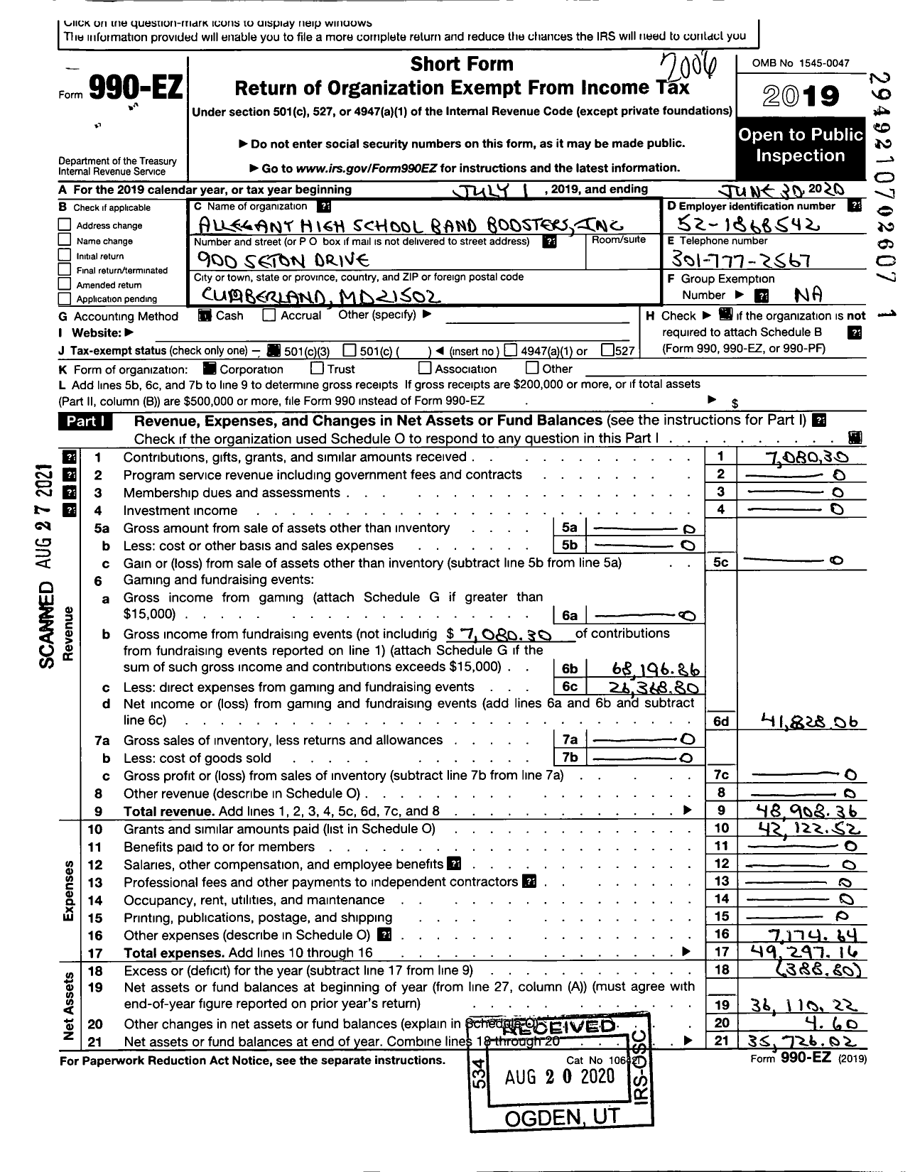 Image of first page of 2019 Form 990EZ for Allegany High School Band Boosters