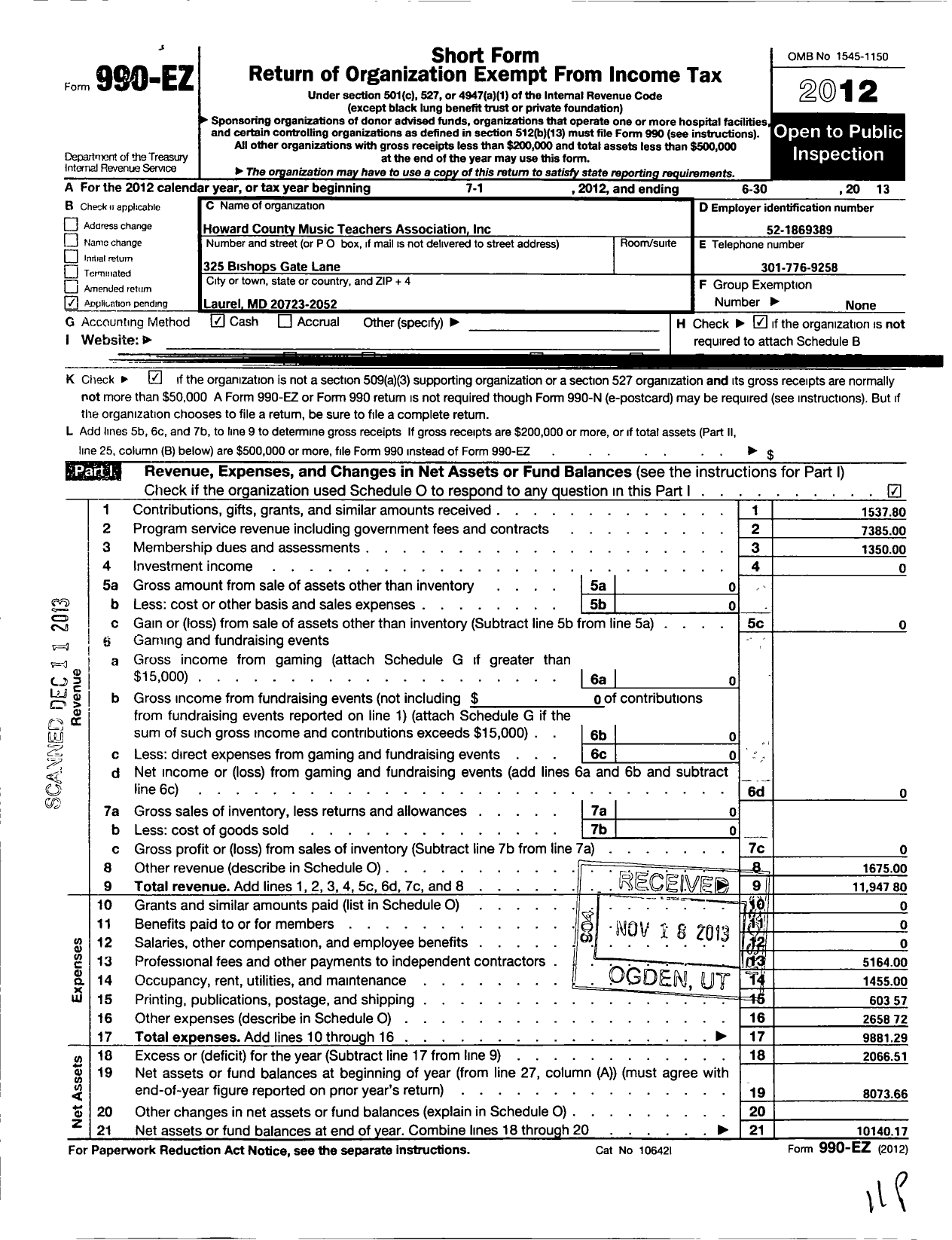 Image of first page of 2012 Form 990EO for Howard County Music Teachers Association