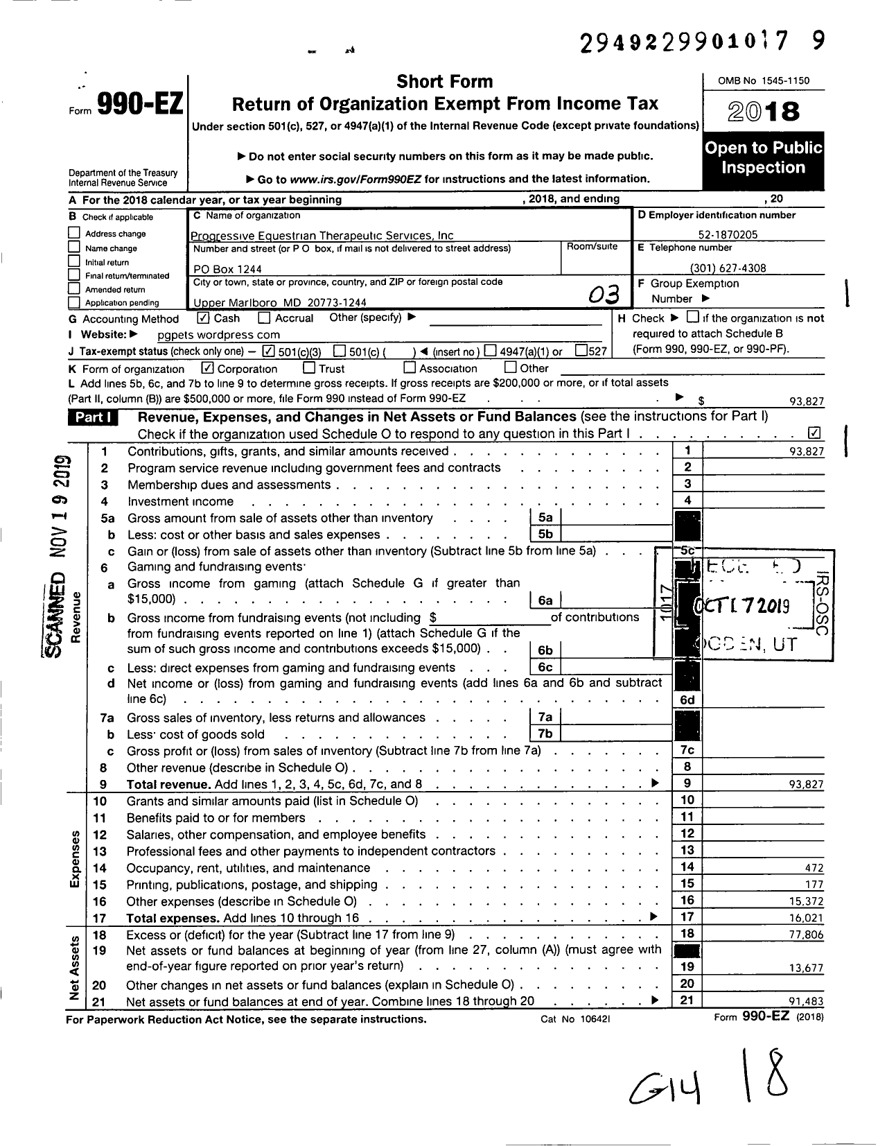 Image of first page of 2018 Form 990EZ for Progressive Equestrian Therapeutic Services