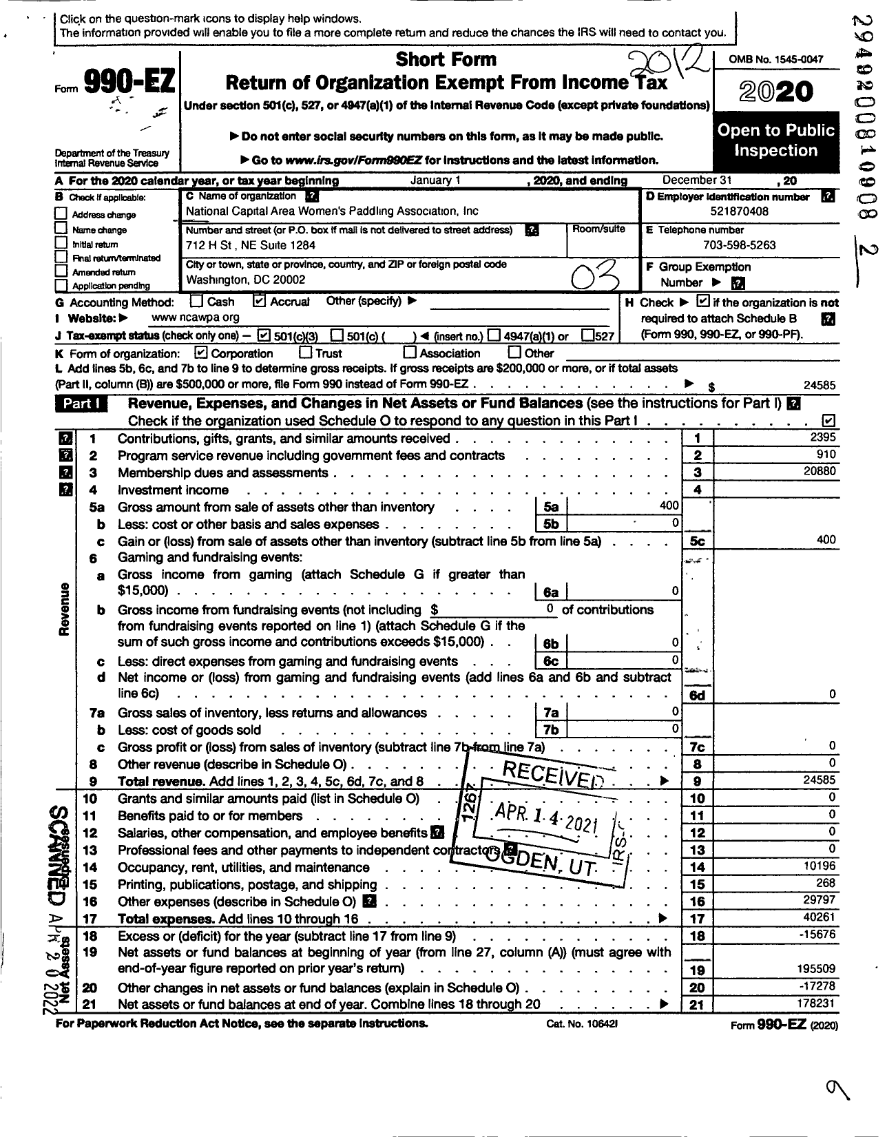 Image of first page of 2020 Form 990EZ for National Capitol Area Womens Paddling Association