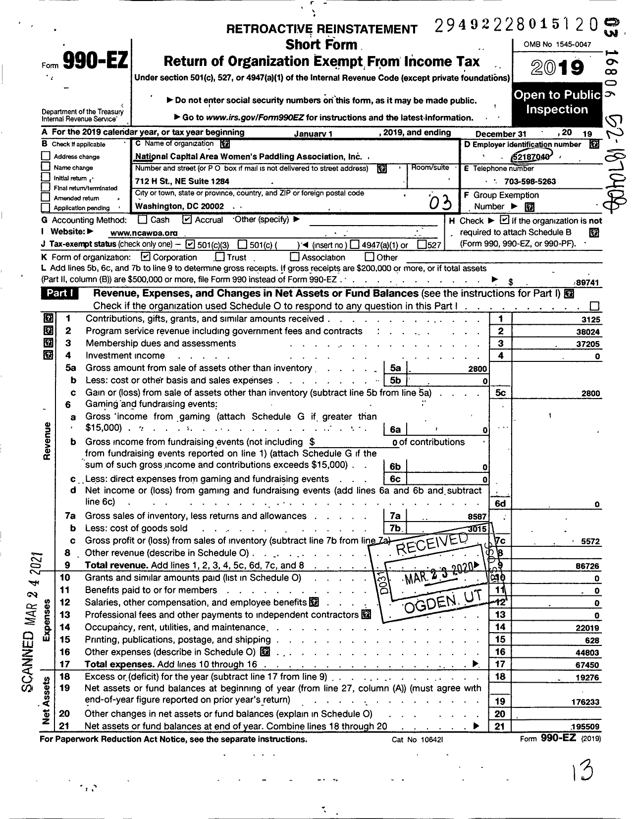 Image of first page of 2019 Form 990EZ for National Capitol Area Womens Paddling Association