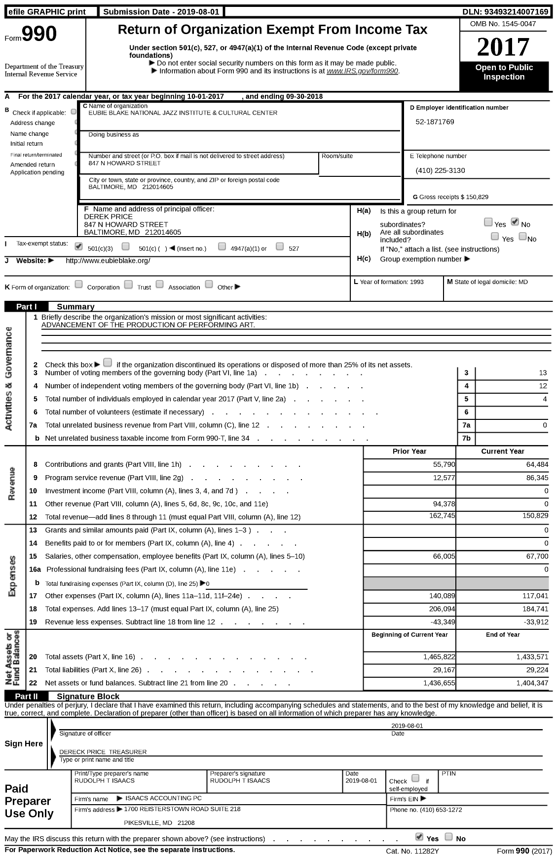 Image of first page of 2017 Form 990 for Eubie Blake National Jazz Institute and Cultural Center