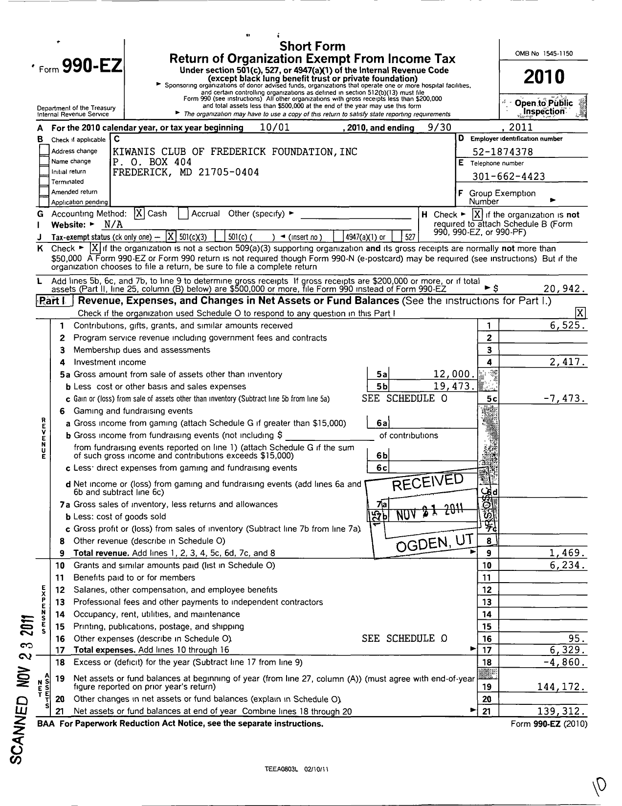 Image of first page of 2010 Form 990EZ for Kiwanis Club of Frederick Foundation