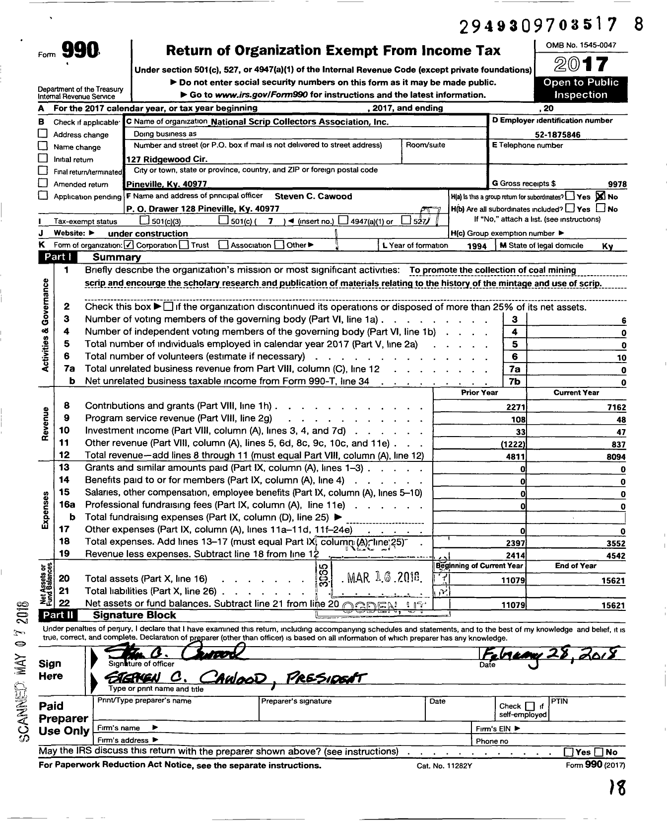 Image of first page of 2017 Form 990O for National Scrip Collectors Association