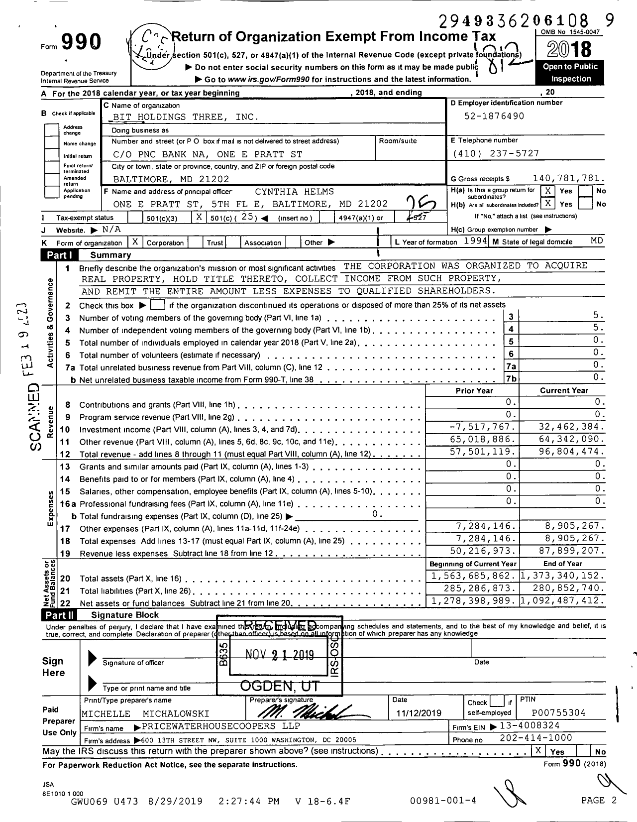 Image of first page of 2018 Form 990O for Bit Holdings Three