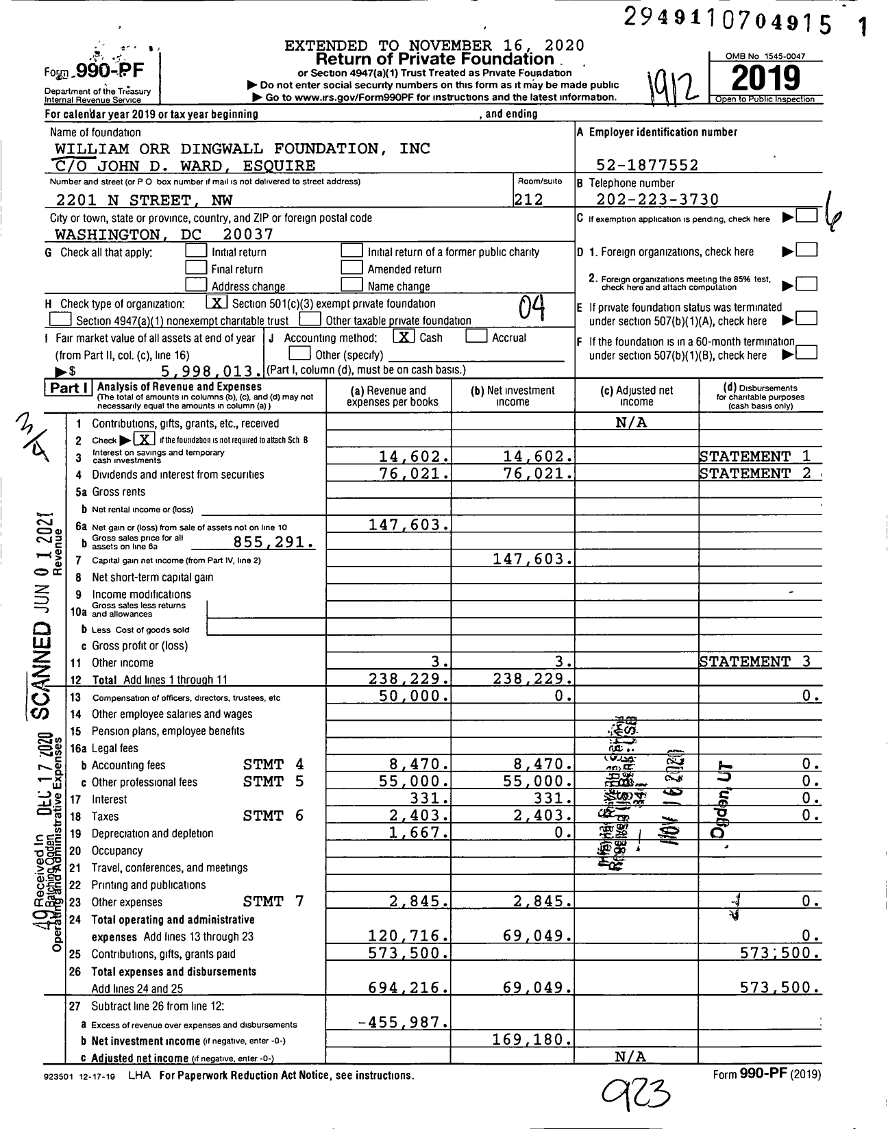 Image of first page of 2019 Form 990PF for William Orr Dingwall Foundation