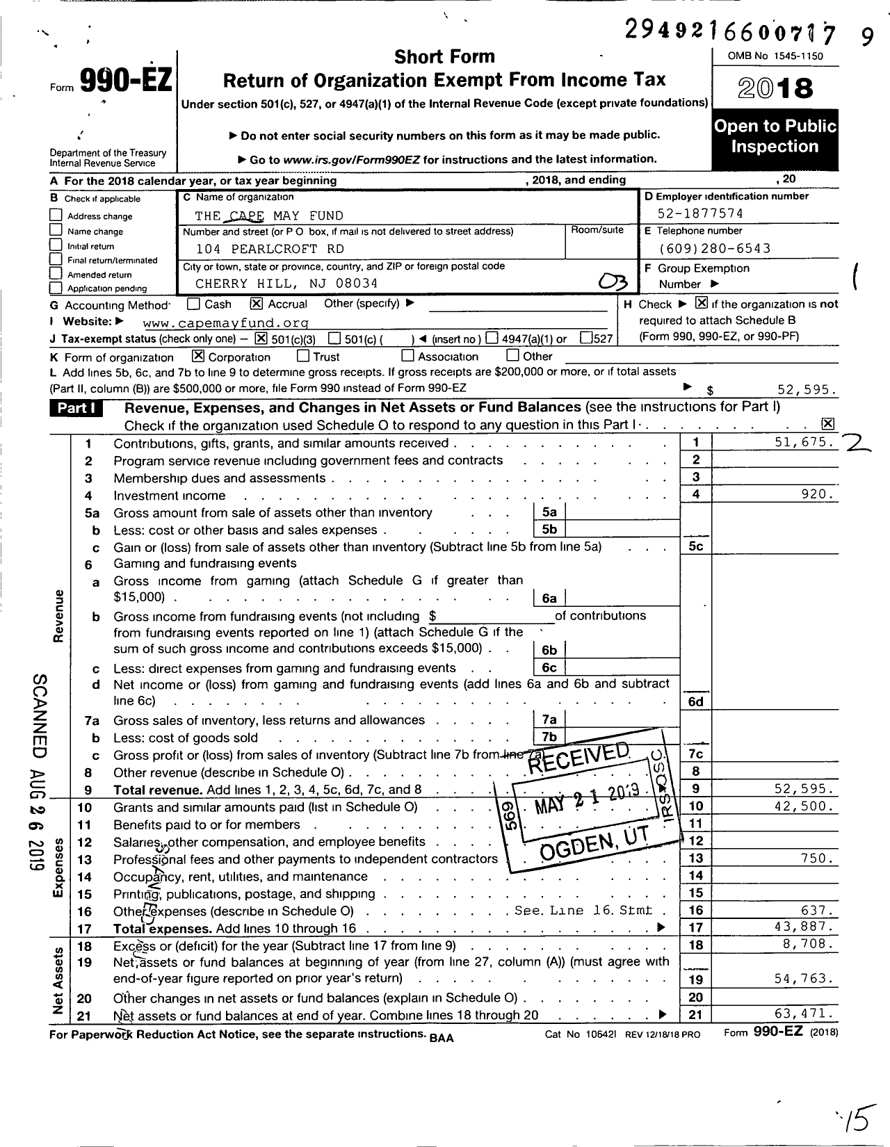 Image of first page of 2018 Form 990EZ for The Cape May Fund