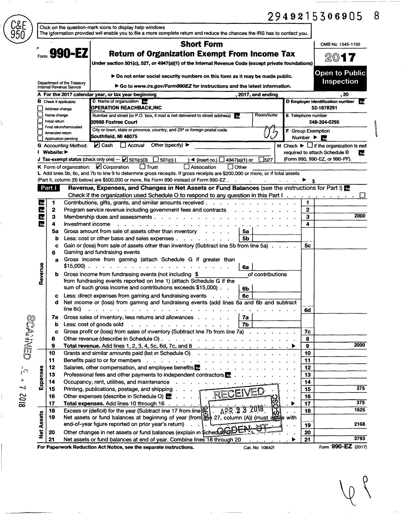 Image of first page of 2017 Form 990EZ for Operation Reachback the Association of Black Seventh-Day