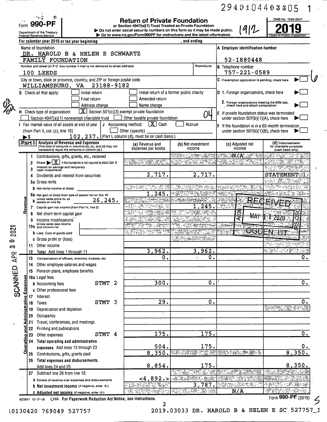 Image of first page of 2019 Form 990PF for Dr Harold B and Helen E Schwartz Family Foundation