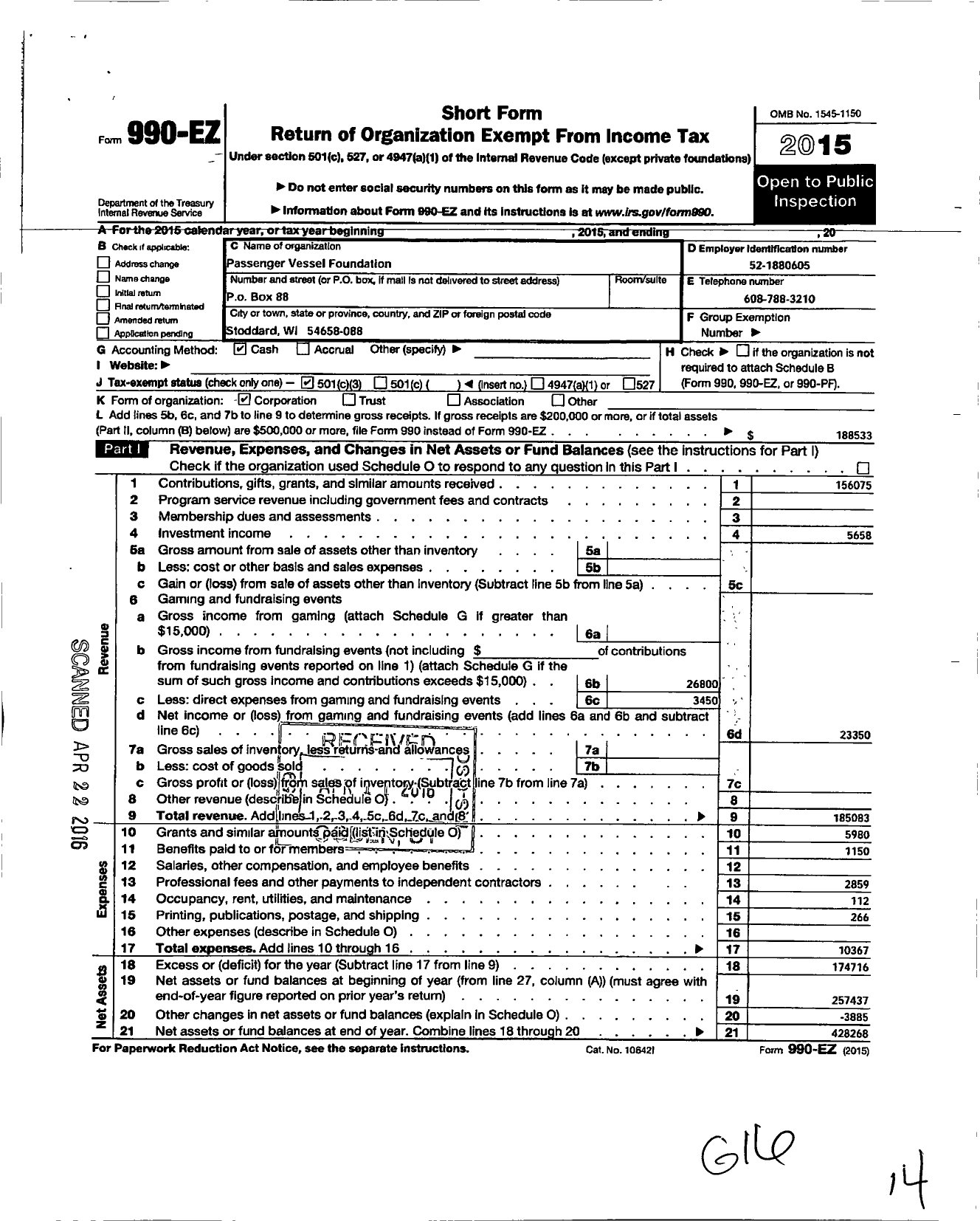 Image of first page of 2015 Form 990EZ for Passenger Vessel Foundation