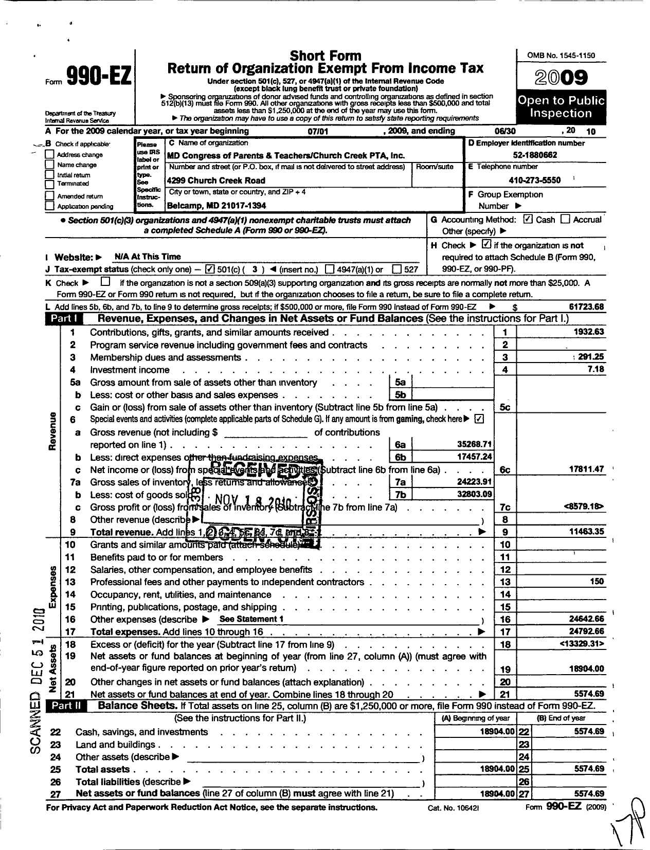 Image of first page of 2009 Form 990EZ for PTA Maryland Congress of Parent and Teachers / Church Creek Elementary School PTA