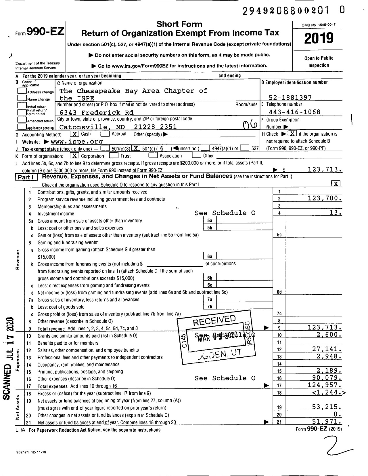 Image of first page of 2019 Form 990EO for The Chesapeake Bay Area Chapter of The ISPE