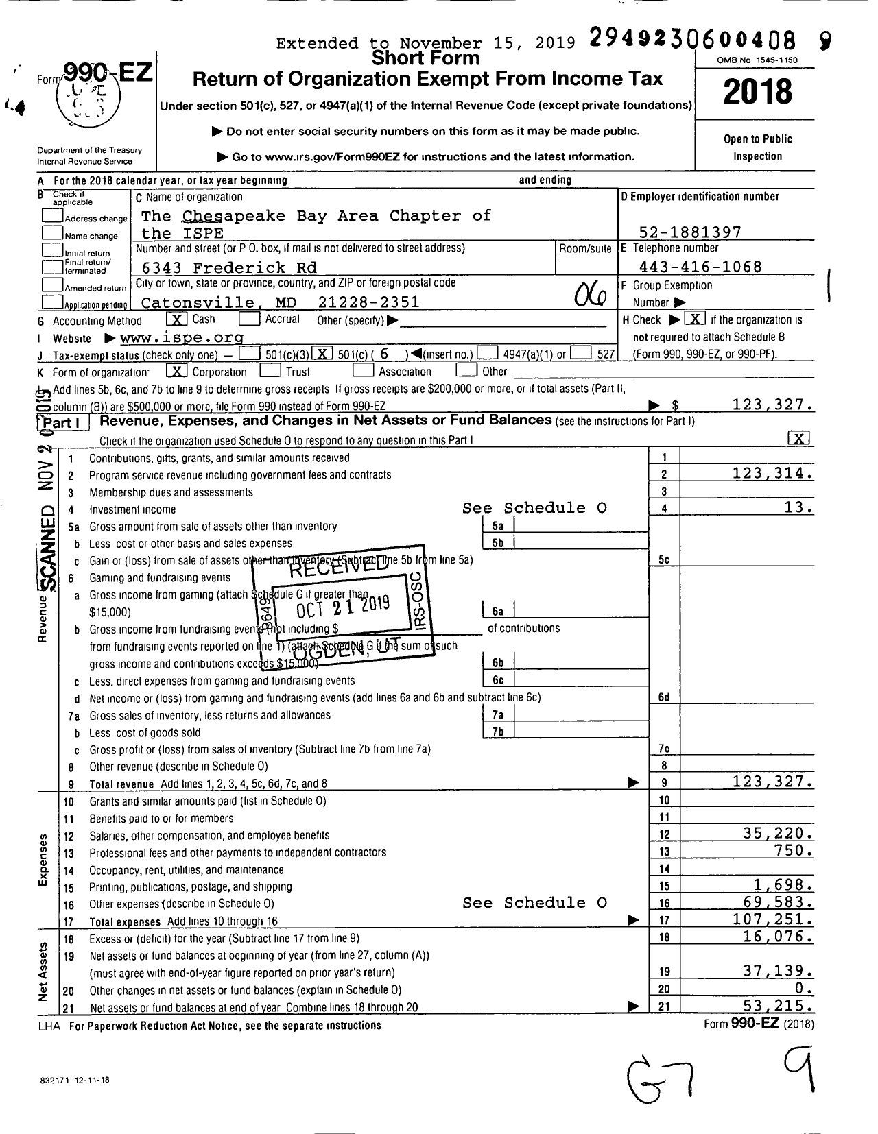 Image of first page of 2018 Form 990EO for The Chesapeake Bay Area Chapter of The ISPE