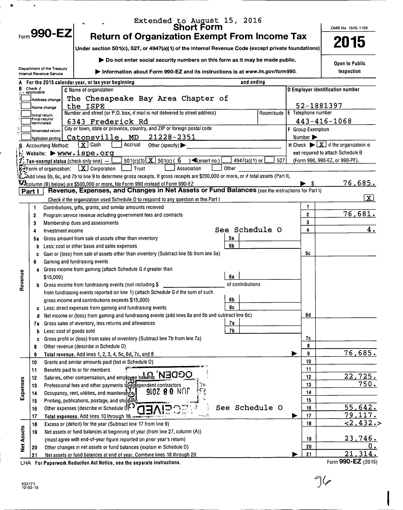 Image of first page of 2015 Form 990EO for The Chesapeake Bay Area Chapter of The ISPE