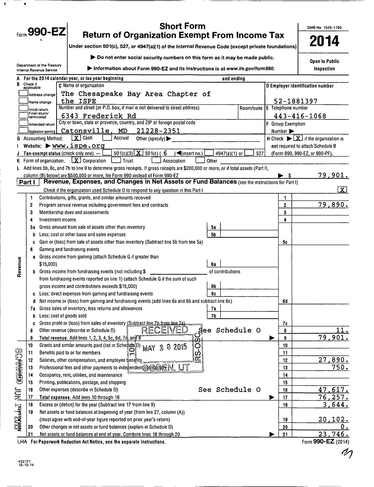 Image of first page of 2014 Form 990EO for The Chesapeake Bay Area Chapter of The ISPE