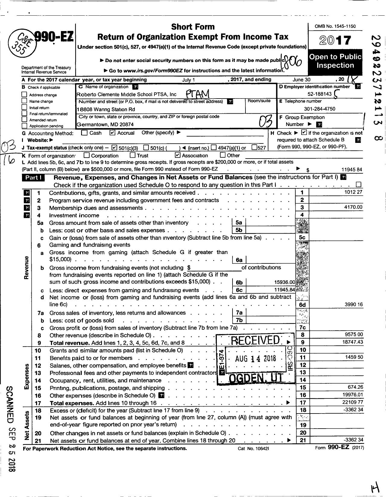 Image of first page of 2017 Form 990EZ for Roberto Clemente Middle School