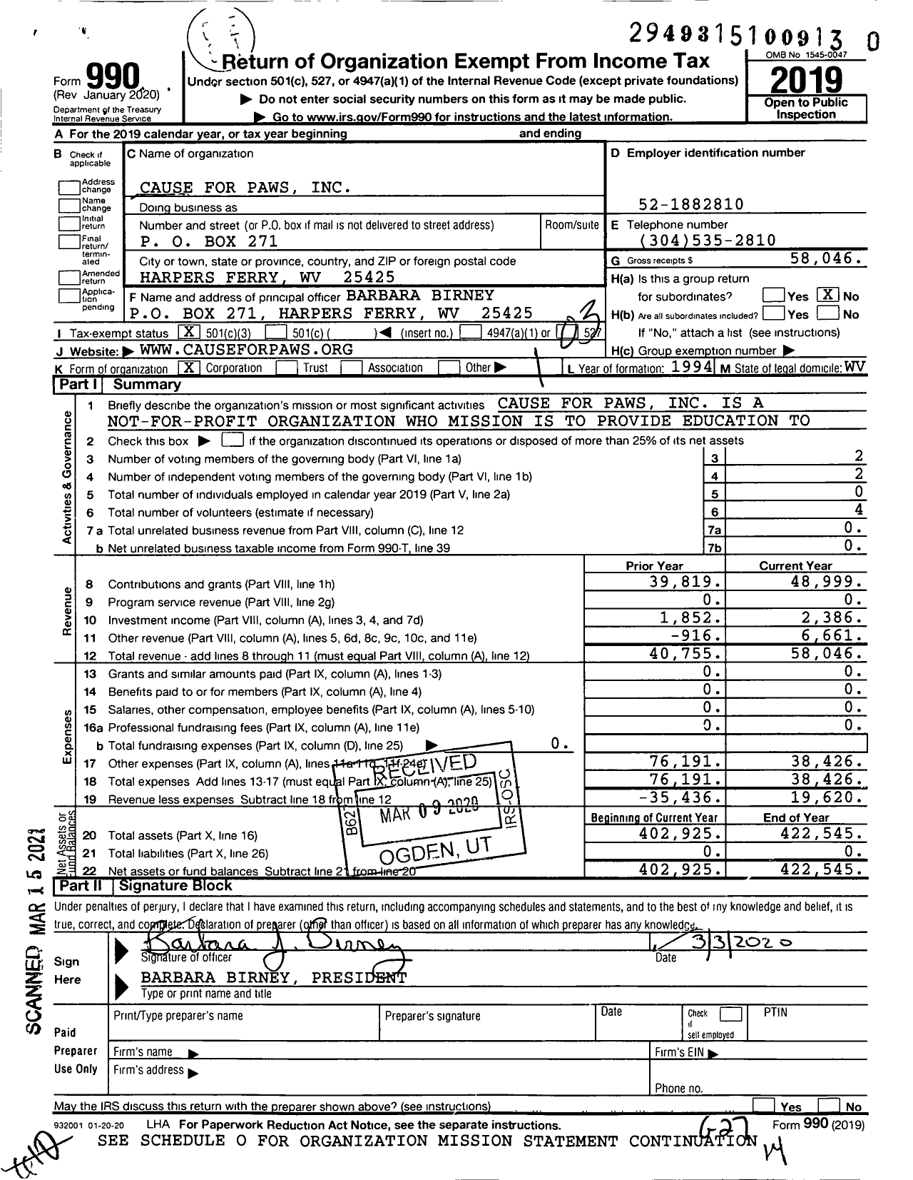 Image of first page of 2019 Form 990 for Cause for Paws