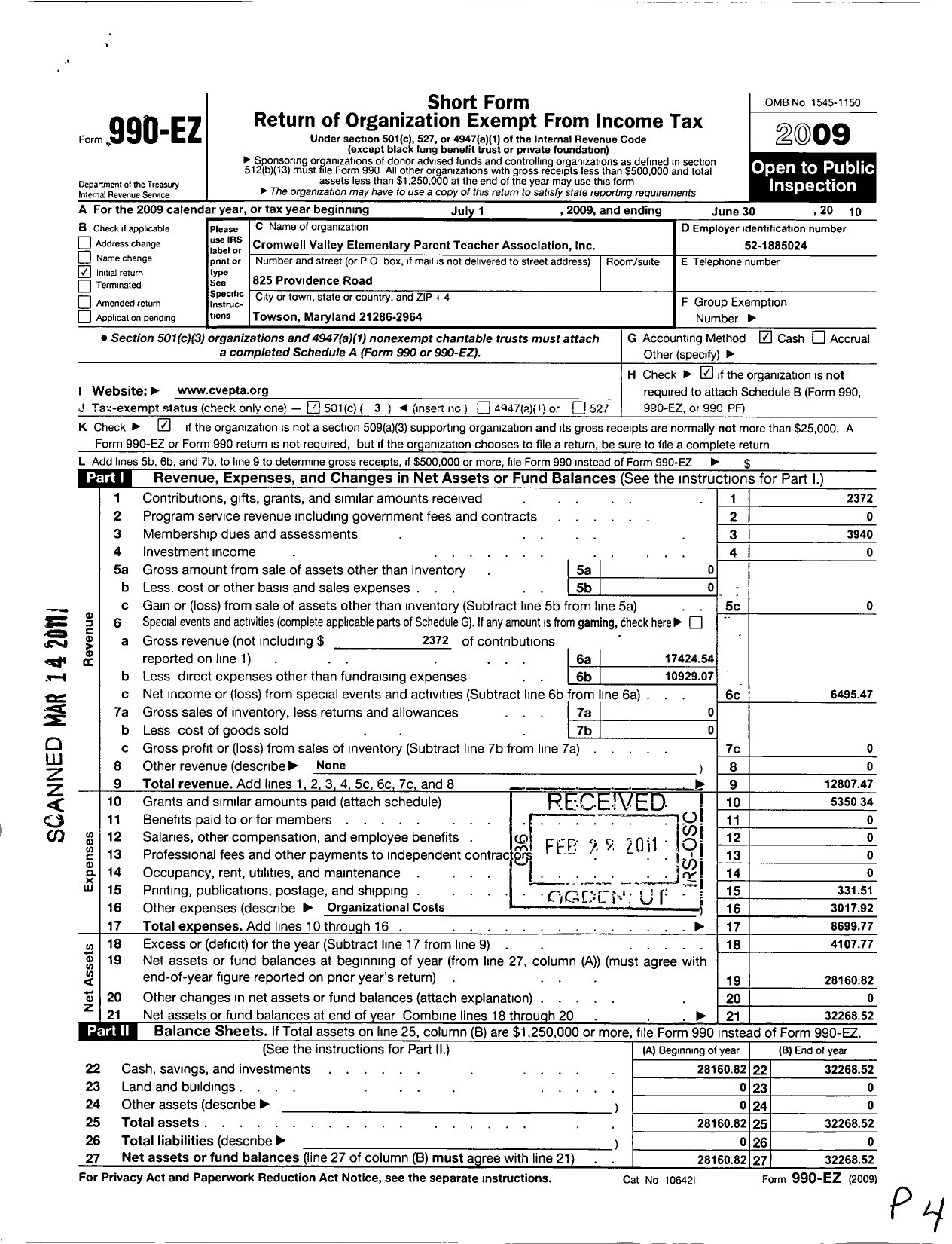 Image of first page of 2009 Form 990EZ for PTA Maryland Congress of Parents and Teachers / Cromwell Valley Elementary PTA