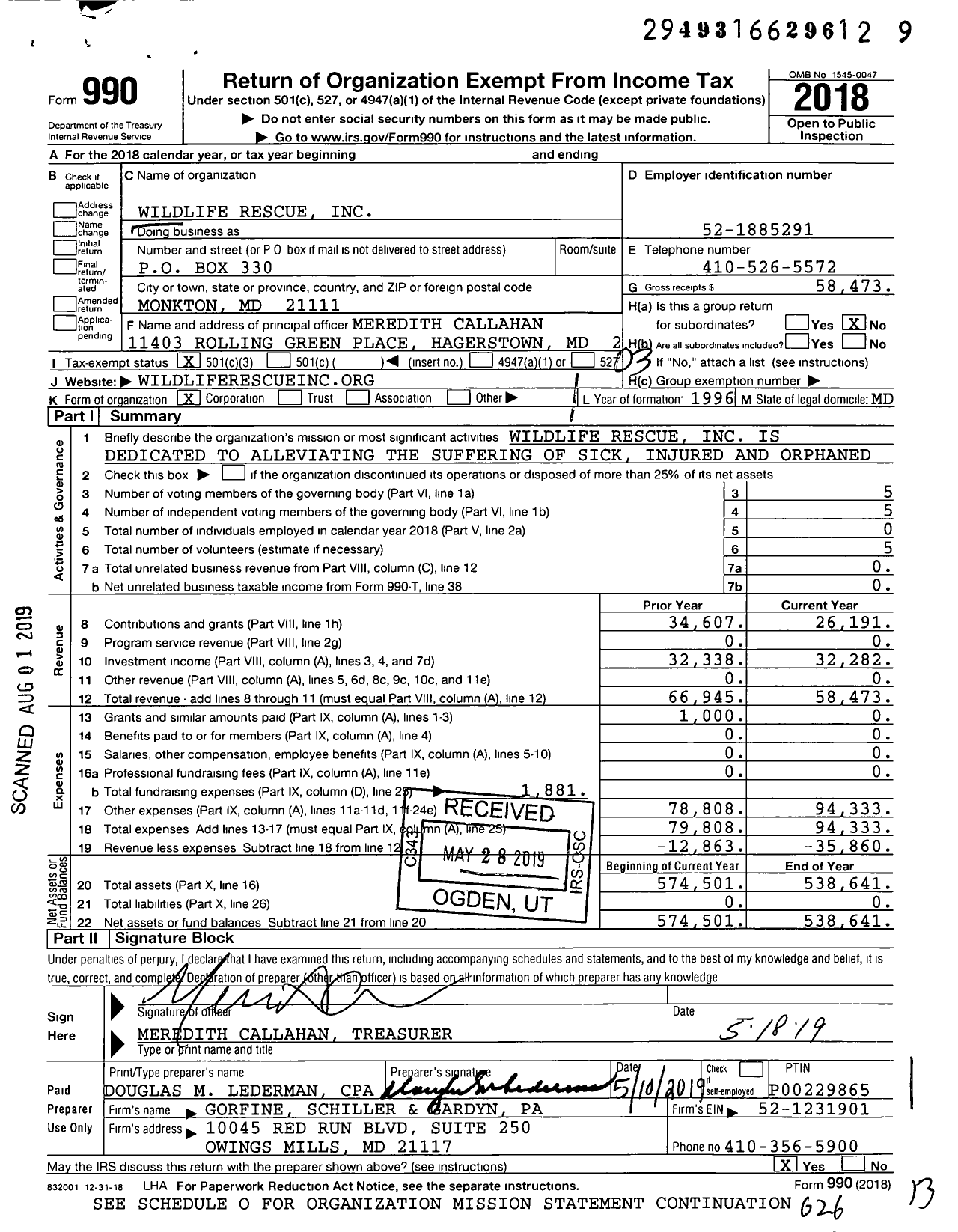 Image of first page of 2018 Form 990 for Wildlife Rescue